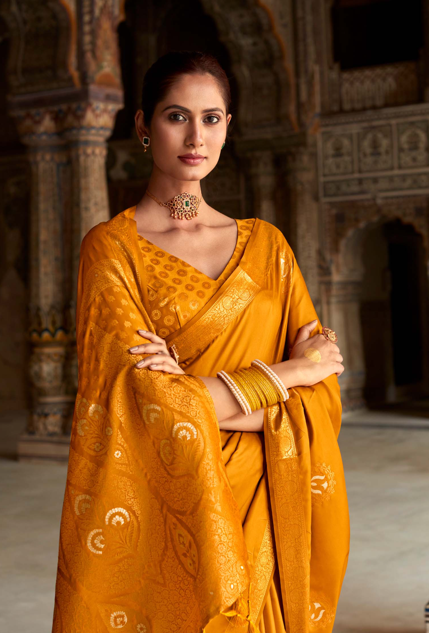 Mustard Yellow Woven Banarasi Satin Silk Saree