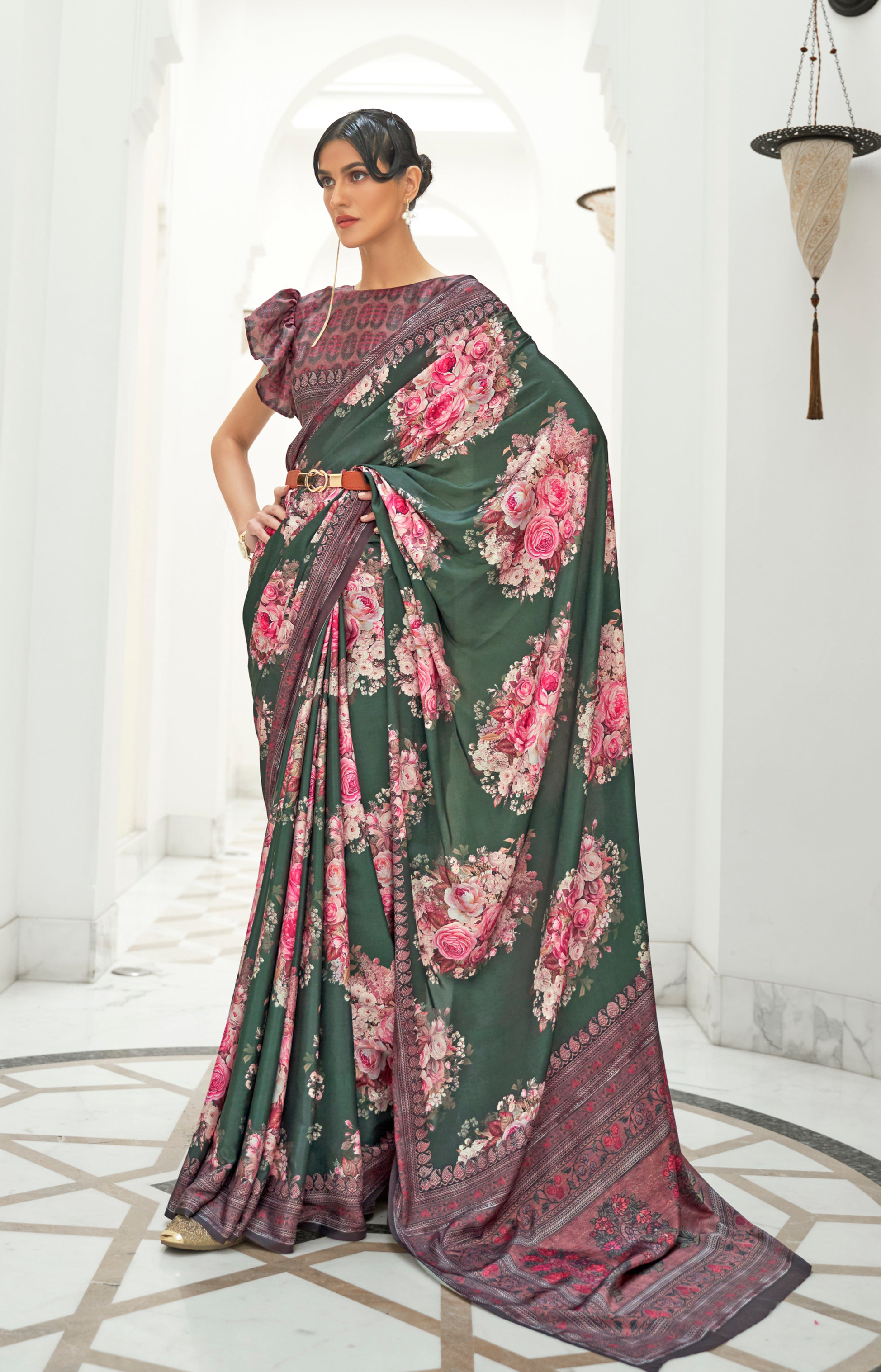 Vibrant Pink and Green Kalamkari Printed Crepe Saree