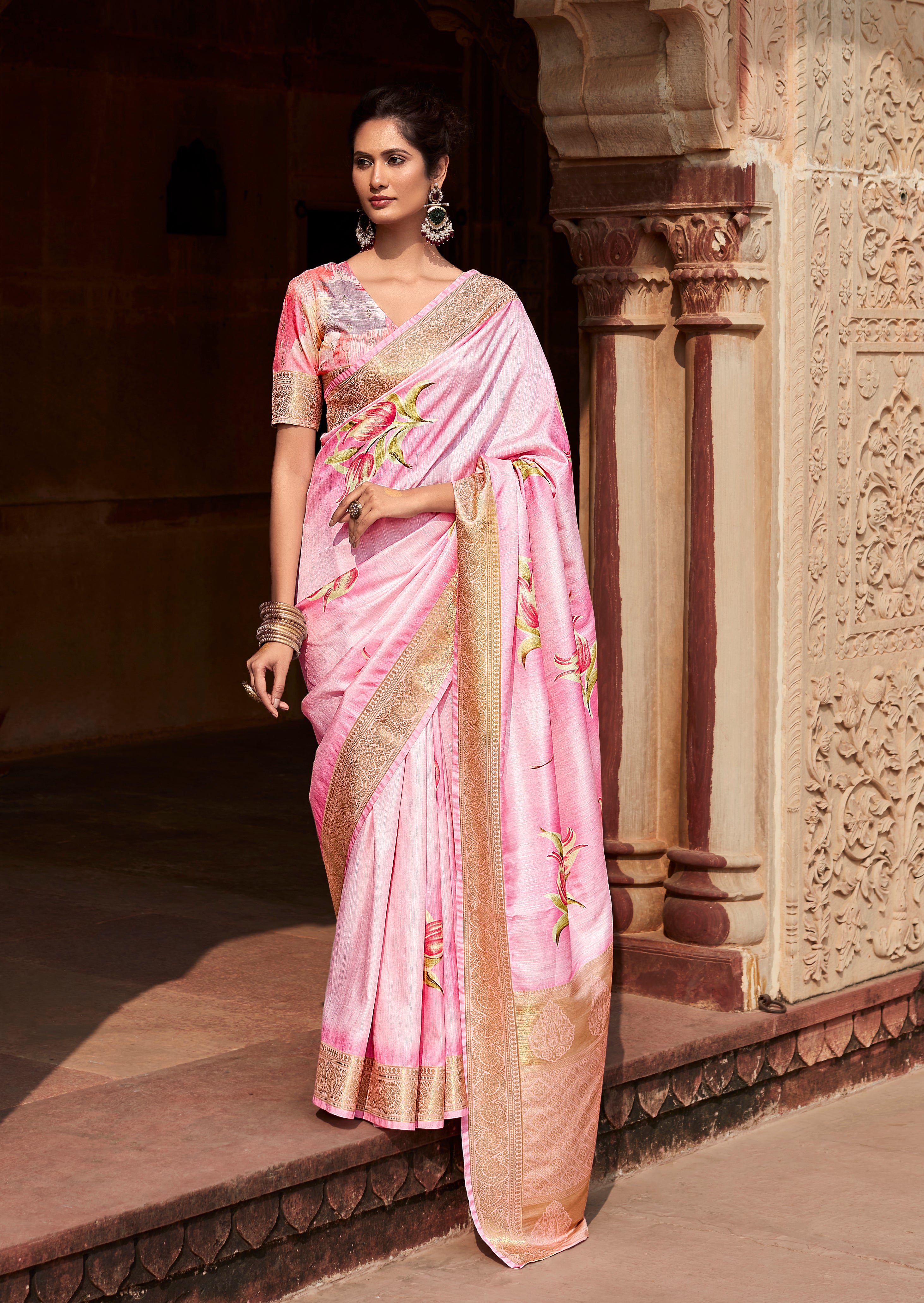 Blush Pink Digital Printed Soft Silk Saree