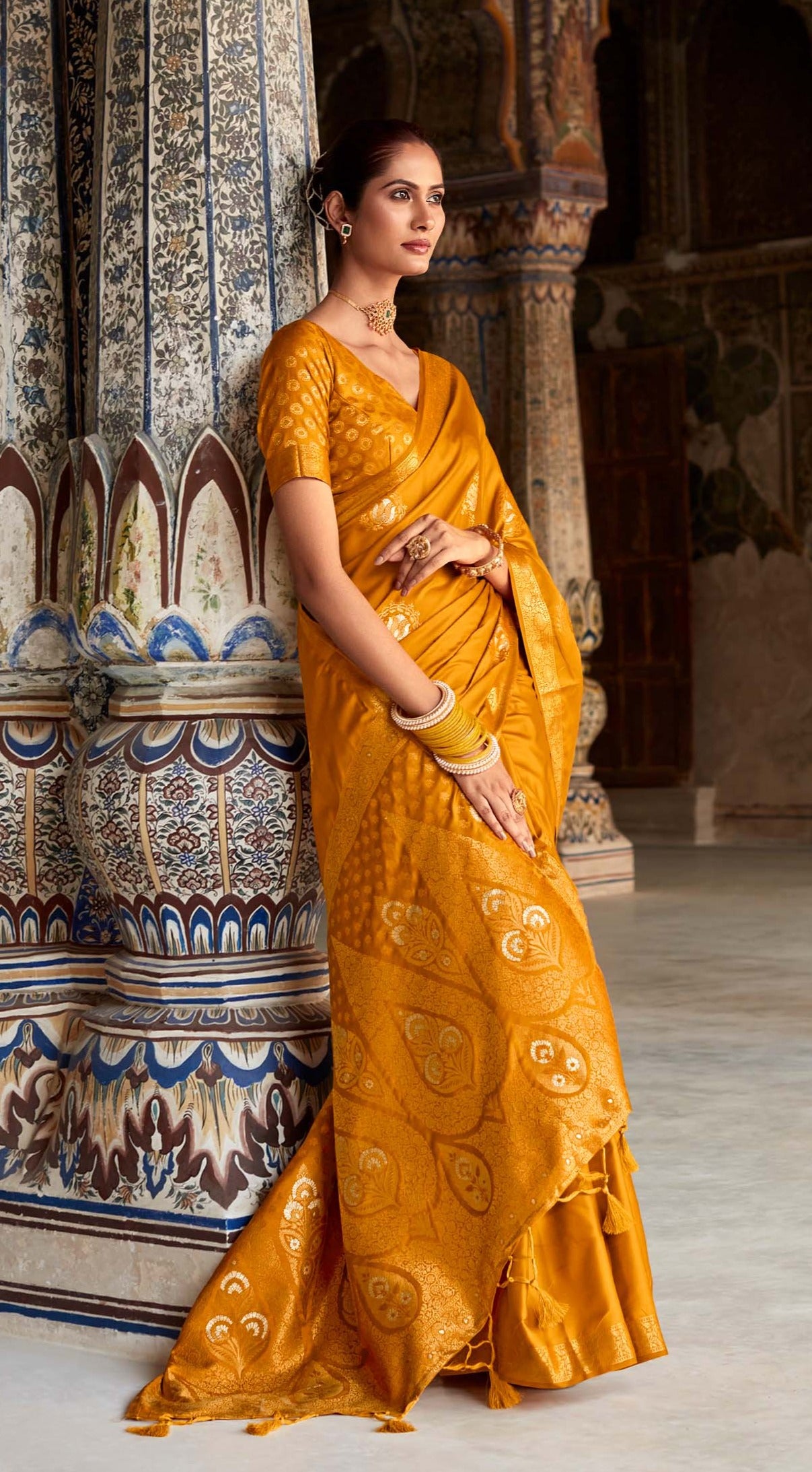 Mustard Yellow Woven Banarasi Satin Silk Saree