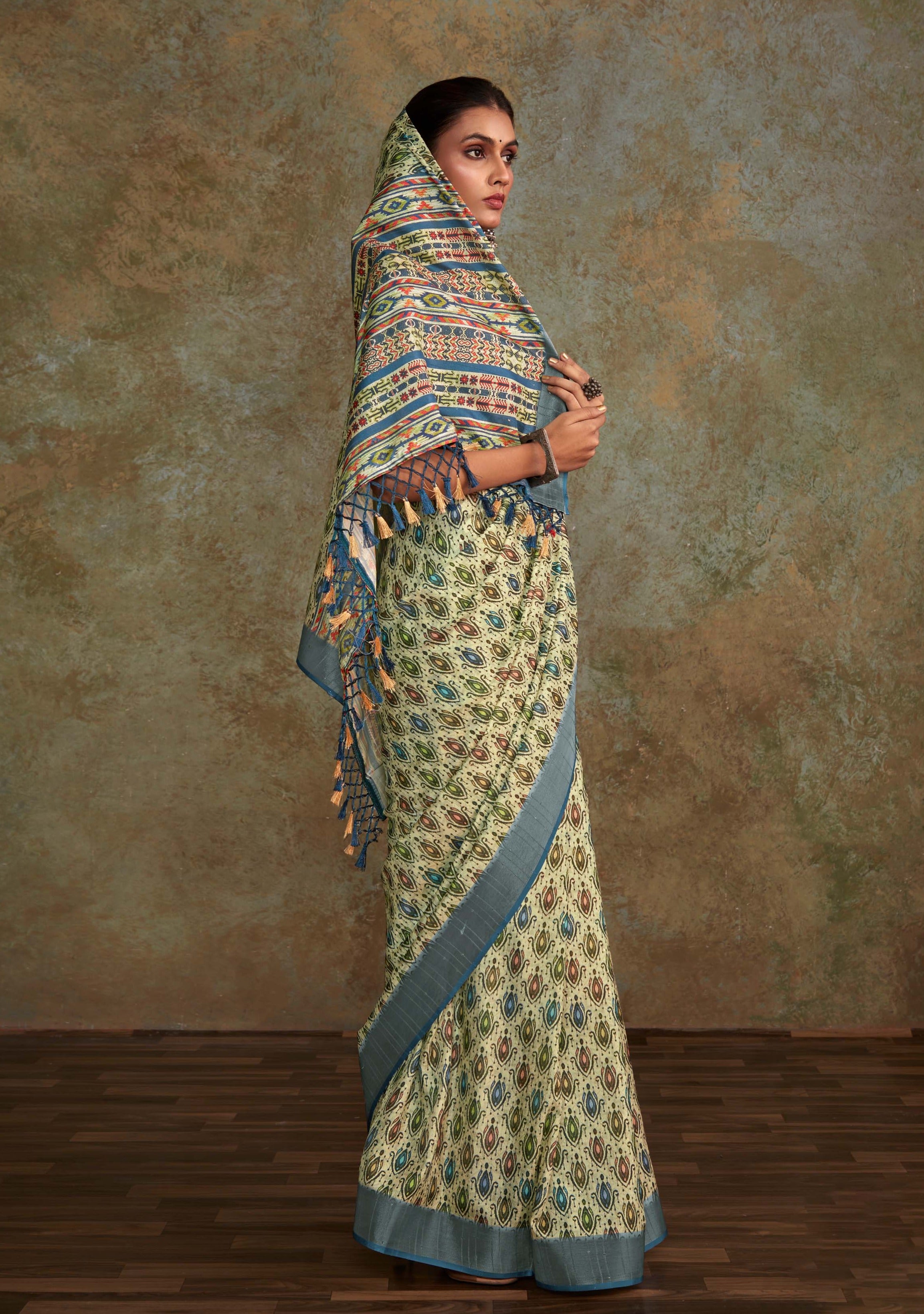 Elegant Off Green Banarasi Digital Printed Saree