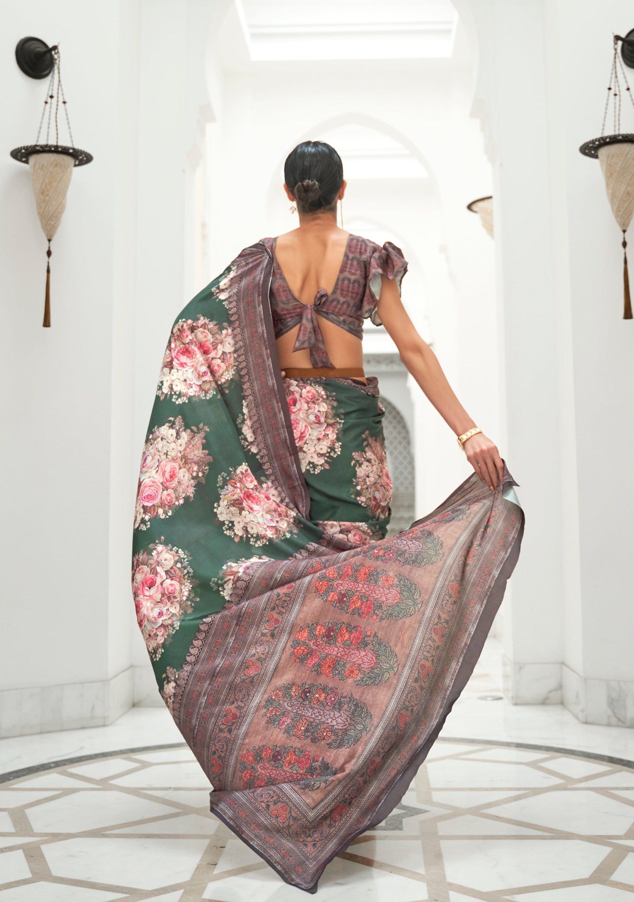 Vibrant Pink and Green Kalamkari Printed Crepe Saree