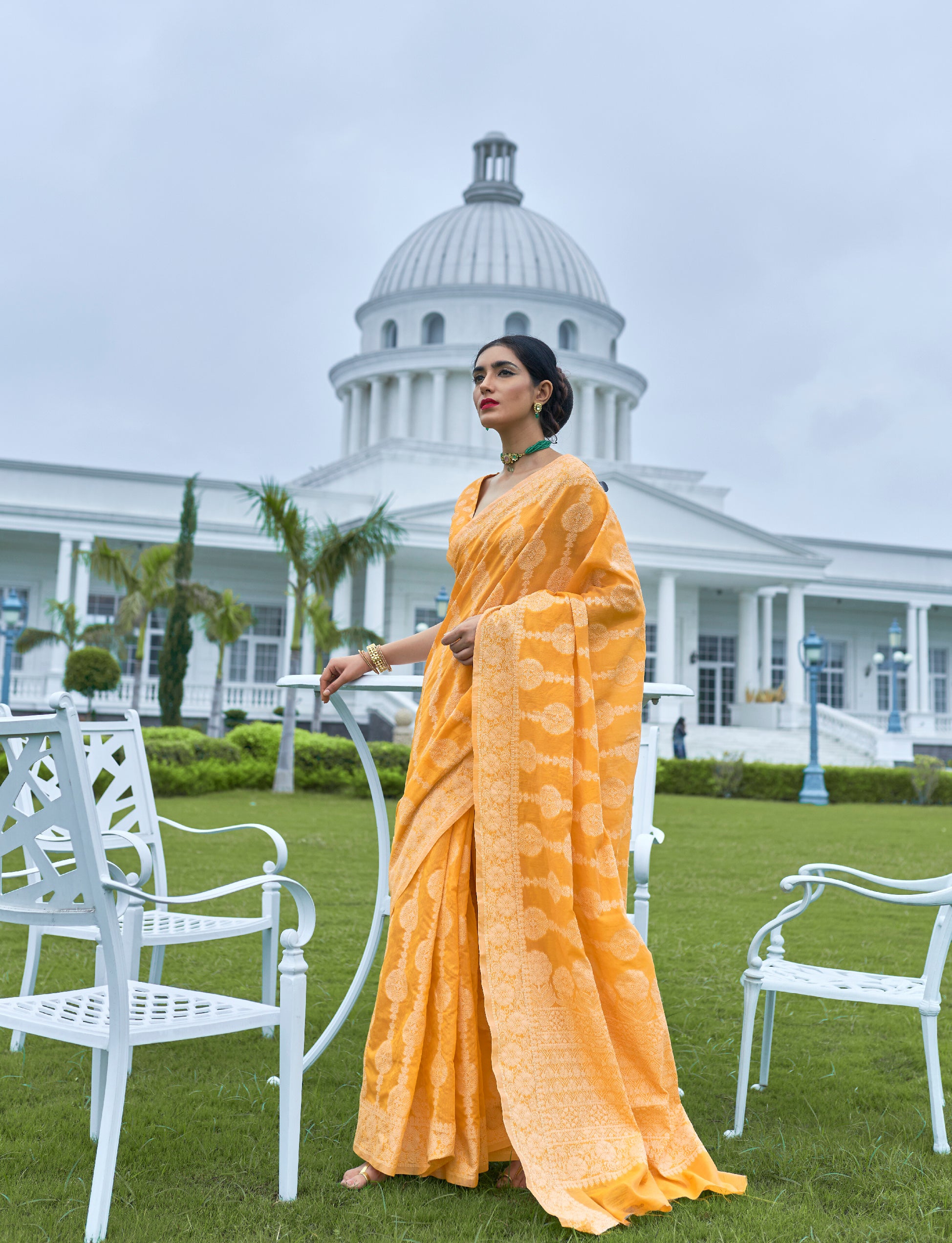 Amber Yellow Lucknowi Chikankari Cotton Saree