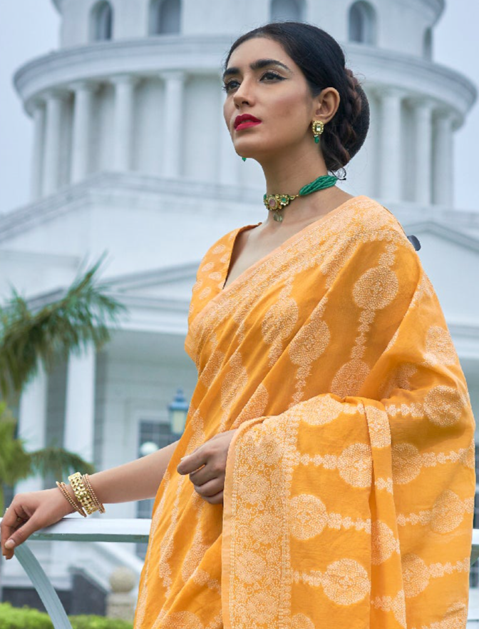 Amber Yellow Lucknowi Chikankari Cotton Saree