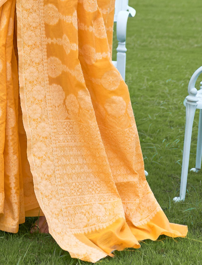 Amber Yellow Lucknowi Chikankari Cotton Saree