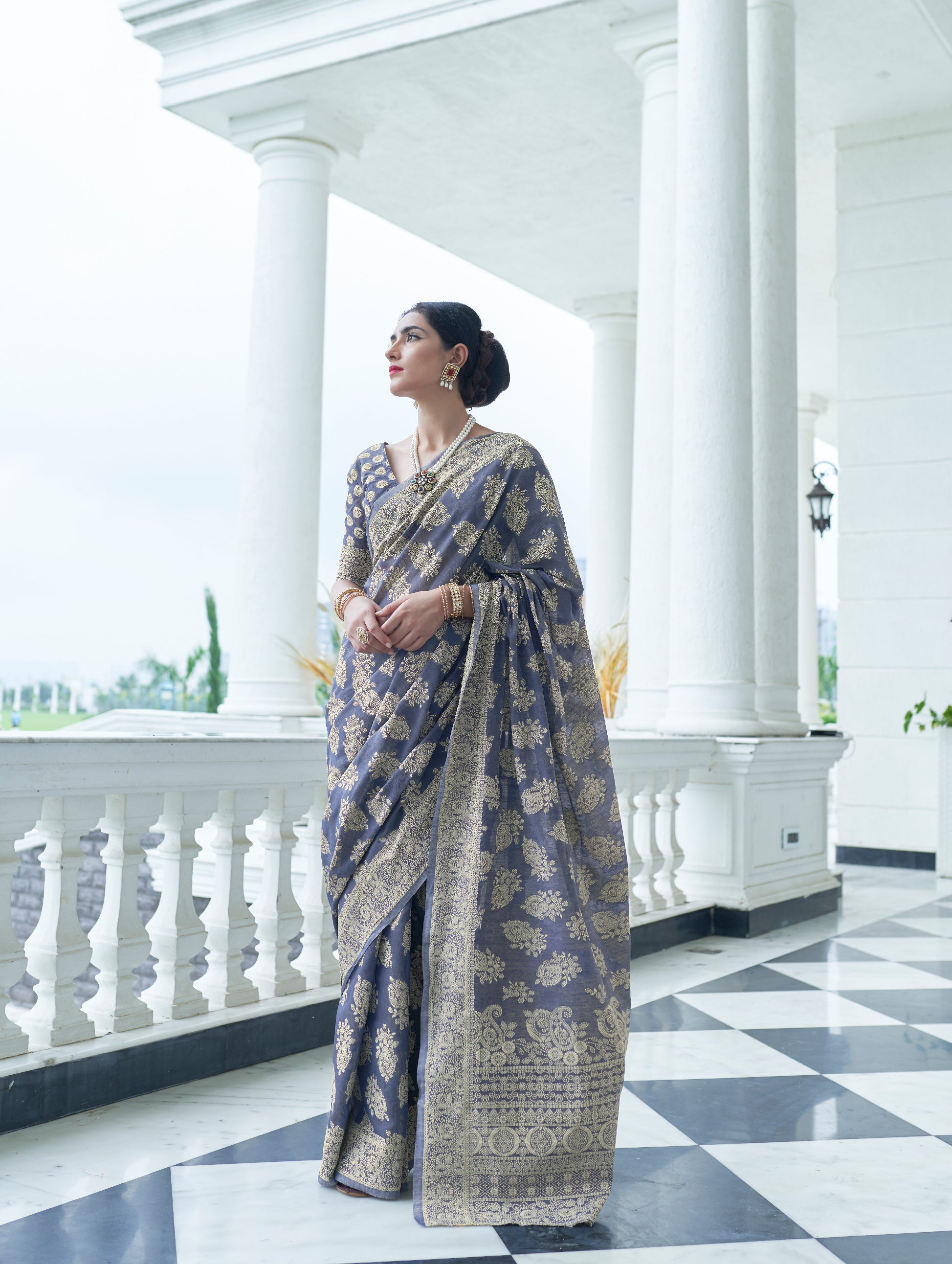 Twilight Haze Greyish Blue Lucknowi Chikankari Cotton Saree