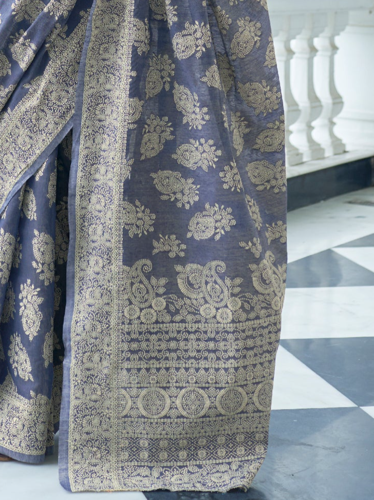 Twilight Haze Greyish Blue Lucknowi Chikankari Cotton Saree