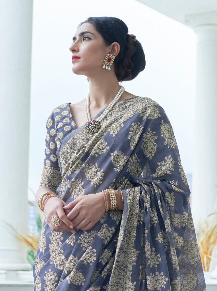 Twilight Haze Greyish Blue Lucknowi Chikankari Cotton Saree