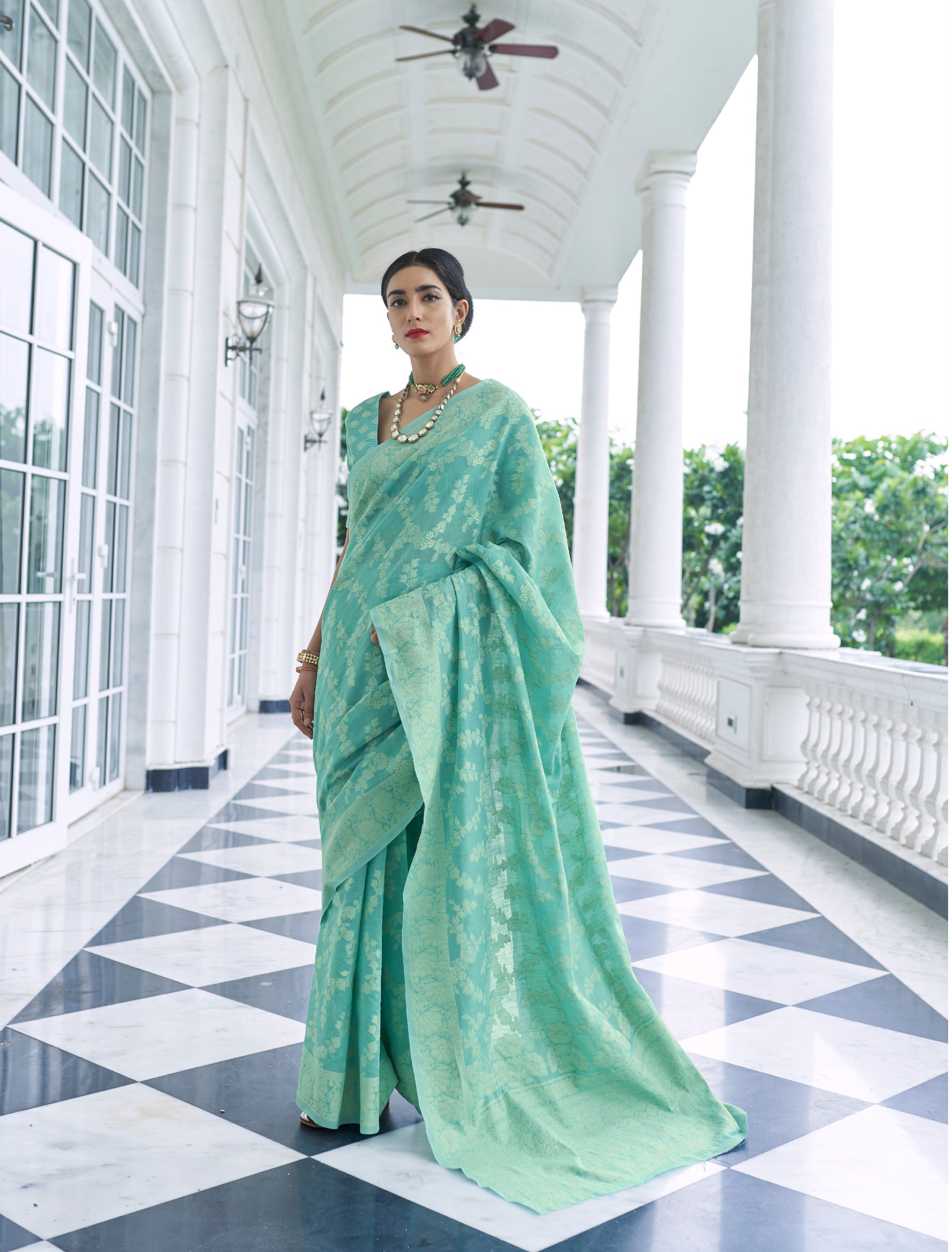 Green Grace Lucknowi Chikankari Cotton Saree