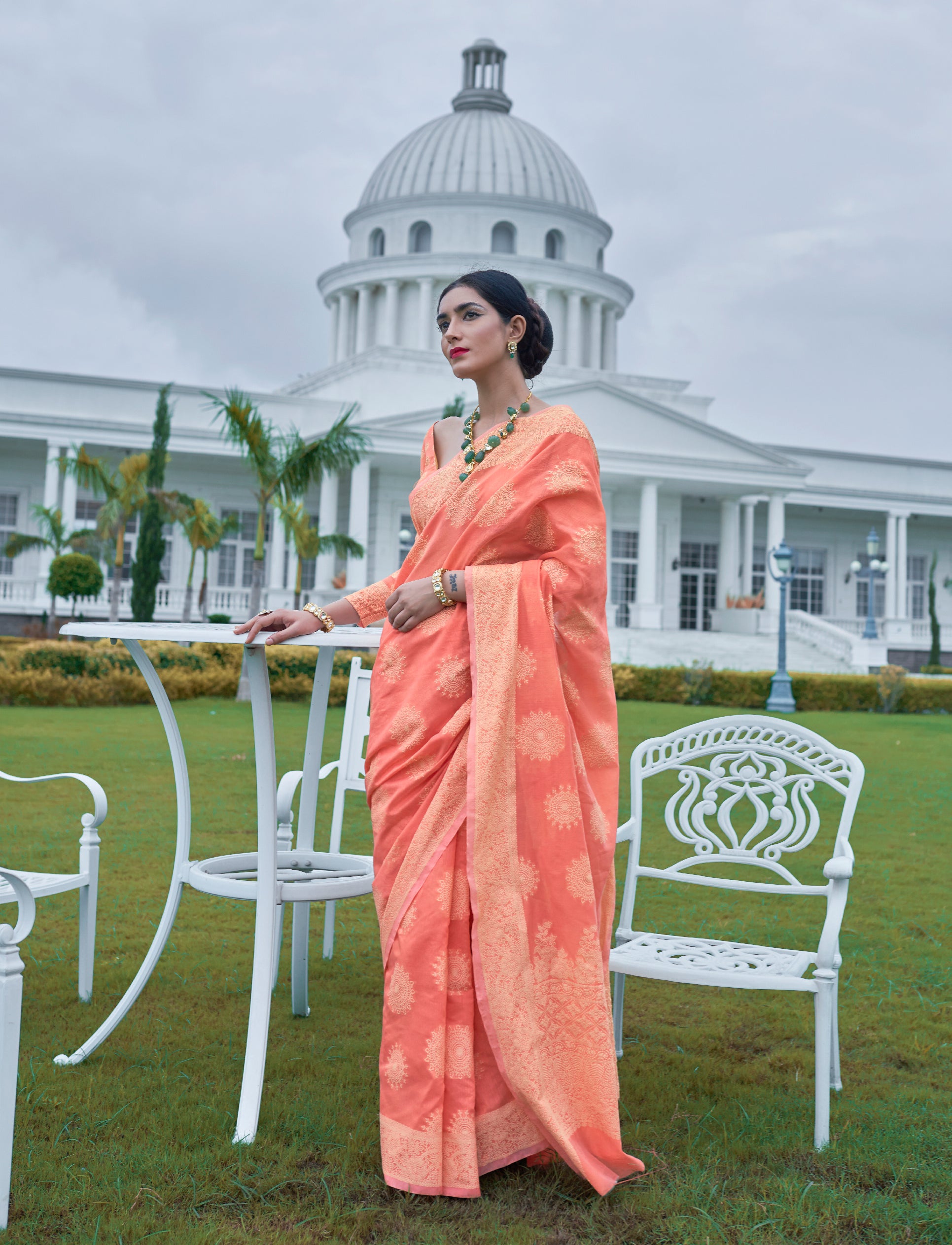 Blushing Coral Pink Chikankari Cotton Saree