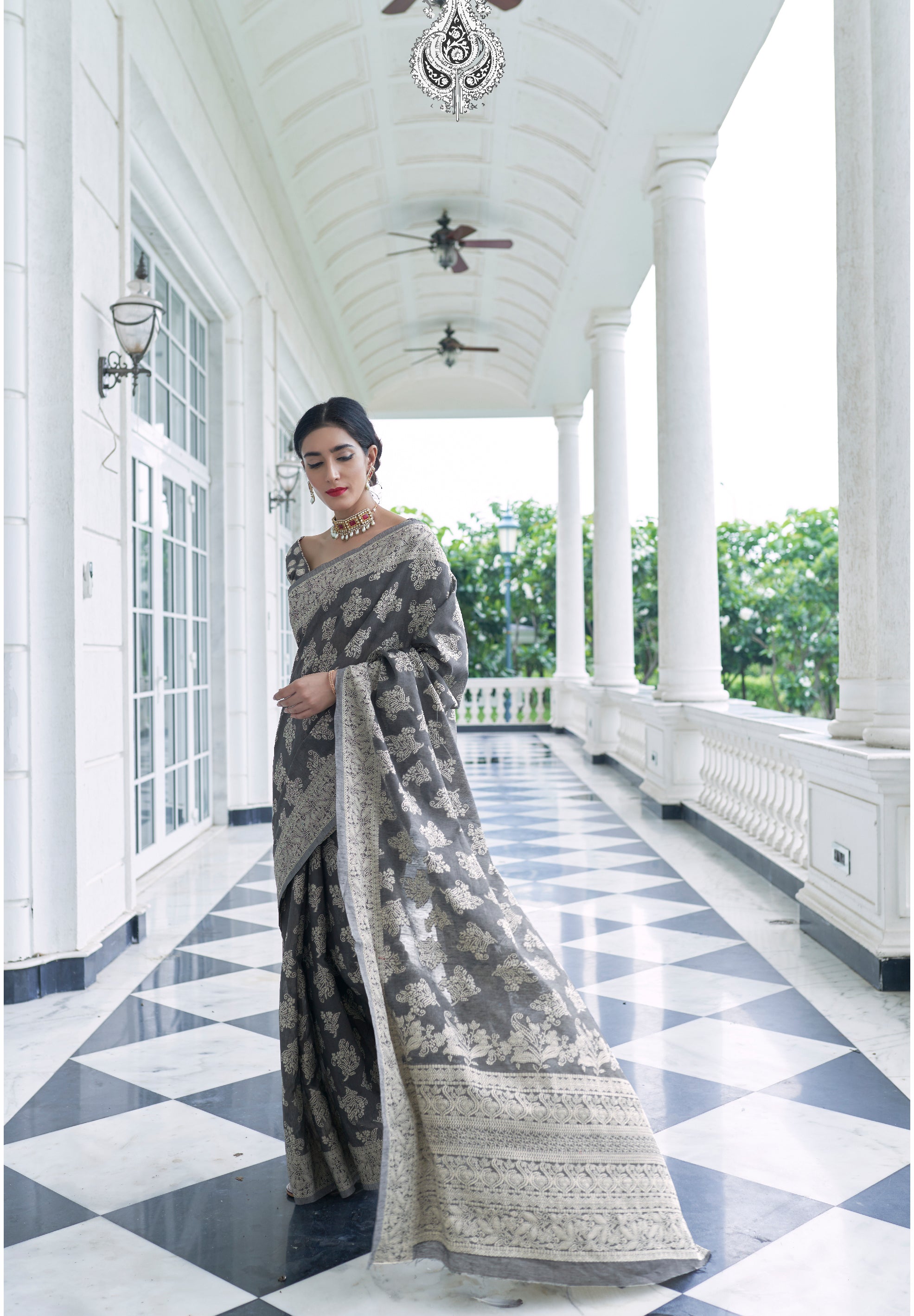 Silver Mist Grey Chikankari Cotton Saree: Graceful Glamour