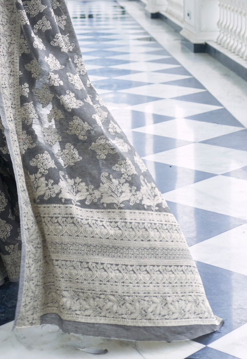 Silver Mist Grey Chikankari Cotton Saree: Graceful Glamour