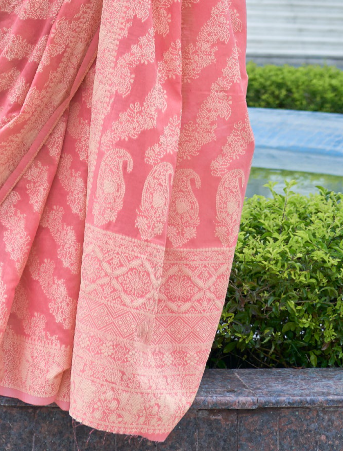 Pink Blossom Lucknowi Chikankari Cotton Saree