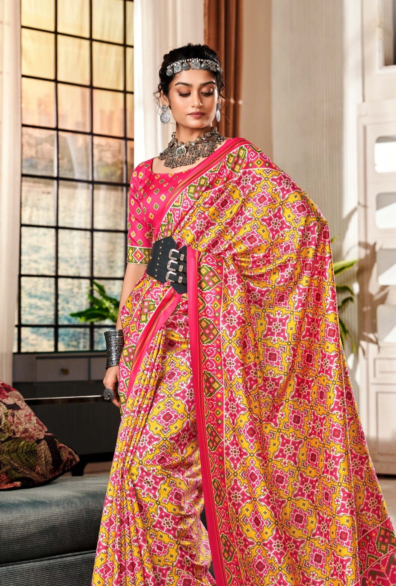 Dual Tone Yellow and Pink Printed Patola Saree