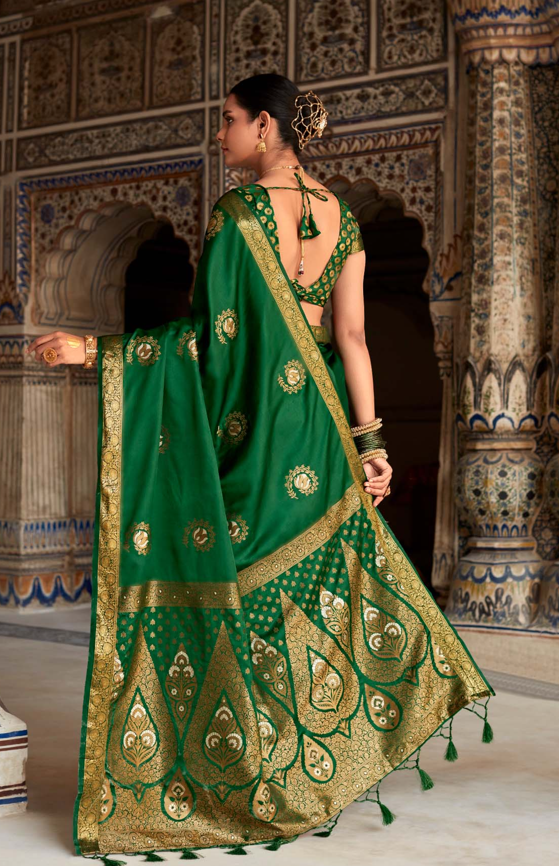 Emerald Green Woven Banarasi Satin Silk Saree