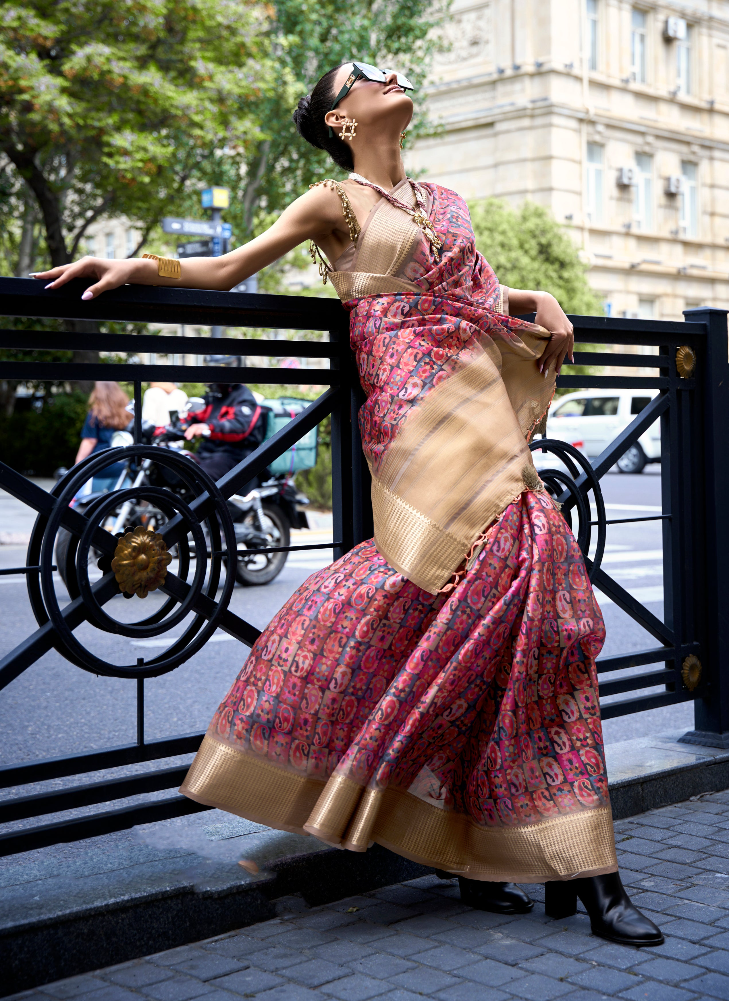 Mirage Magenta Organza Printed Satin Silk Saree