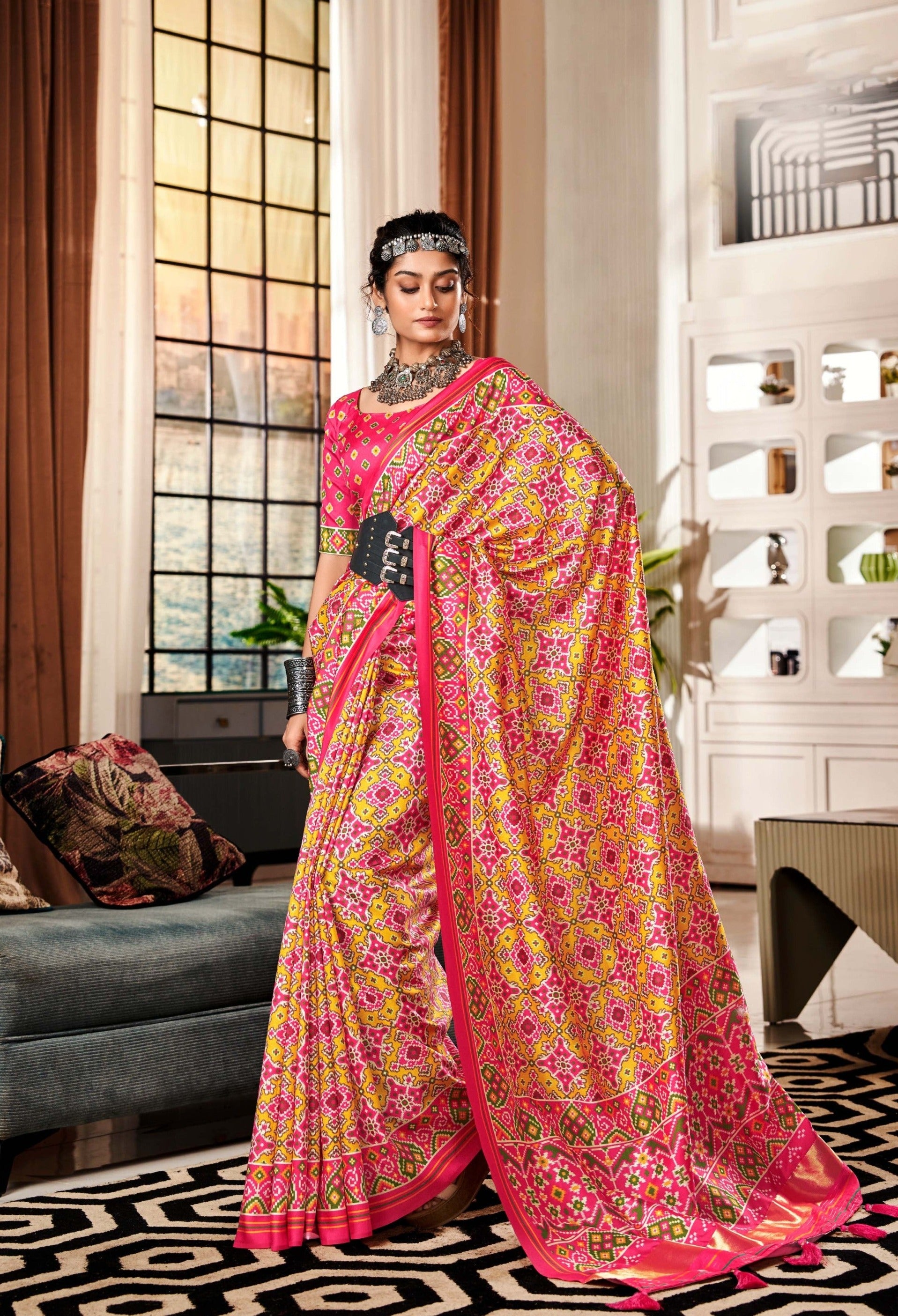 Dual Tone Yellow and Pink Printed Patola Saree