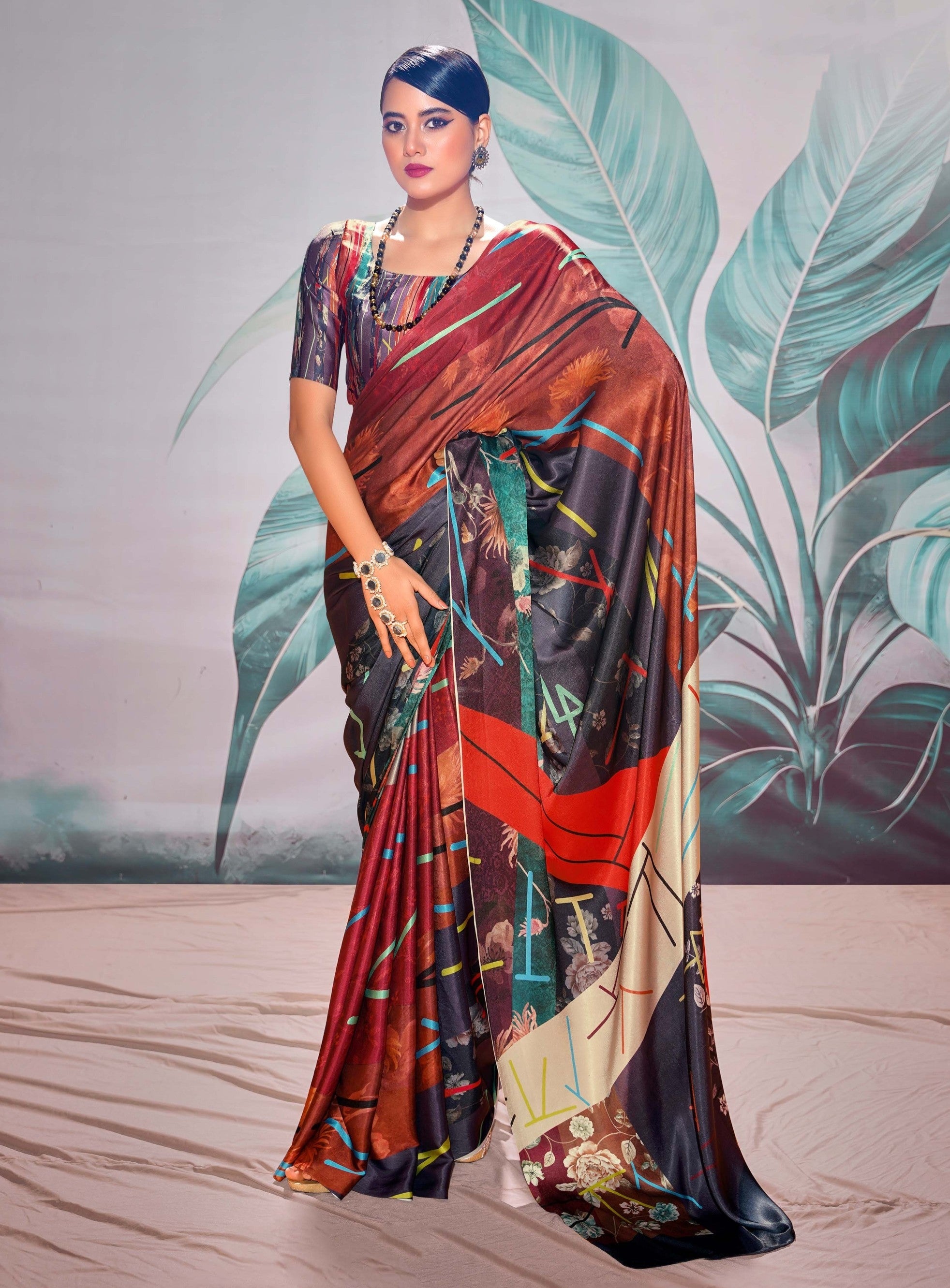 Sardine Grey Printed Satin Silk Saree