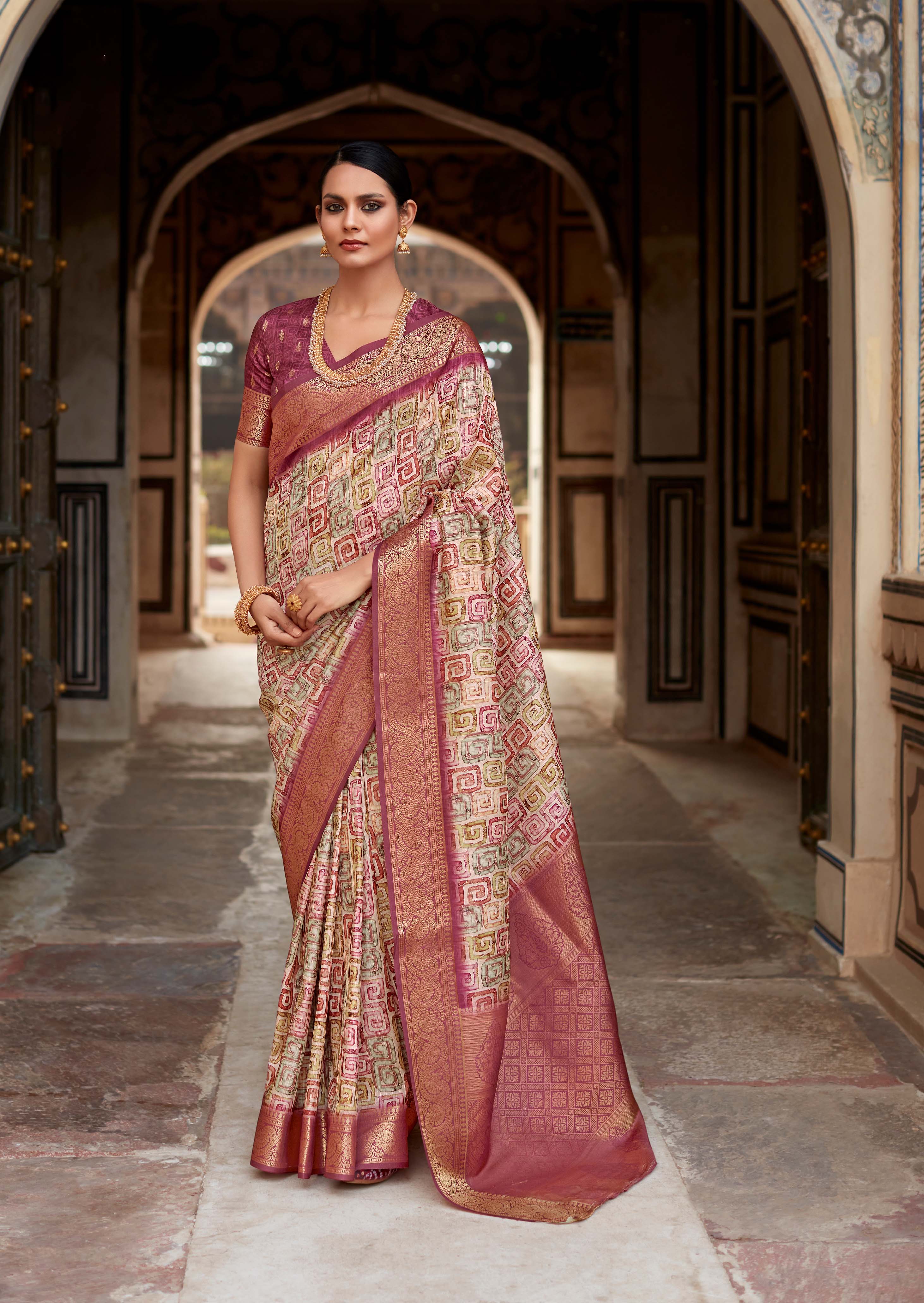 Fallow Brown Banarasi Printed Silk Saree