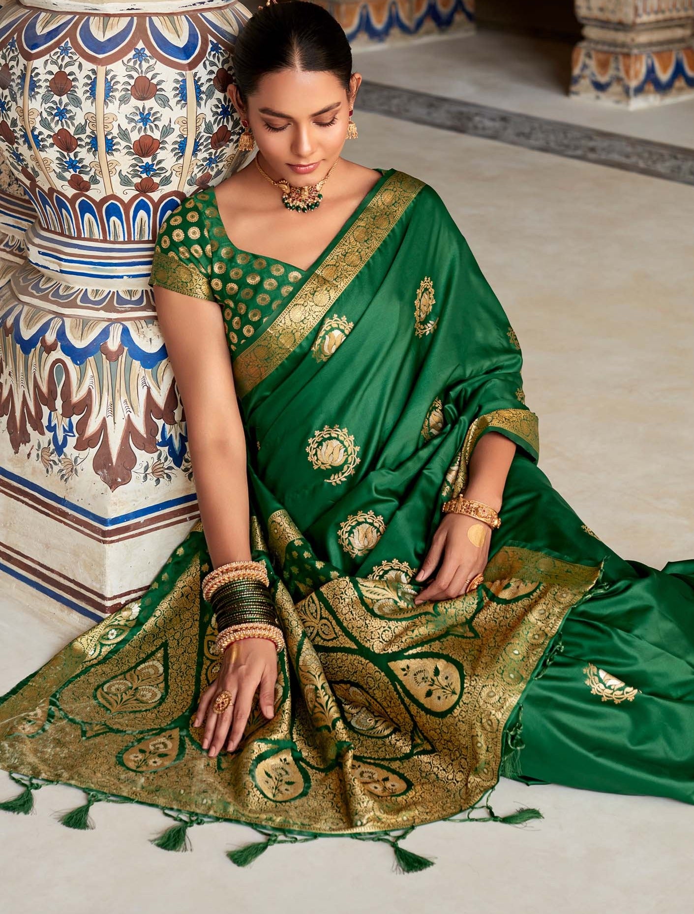 Emerald Green Woven Banarasi Satin Silk Saree