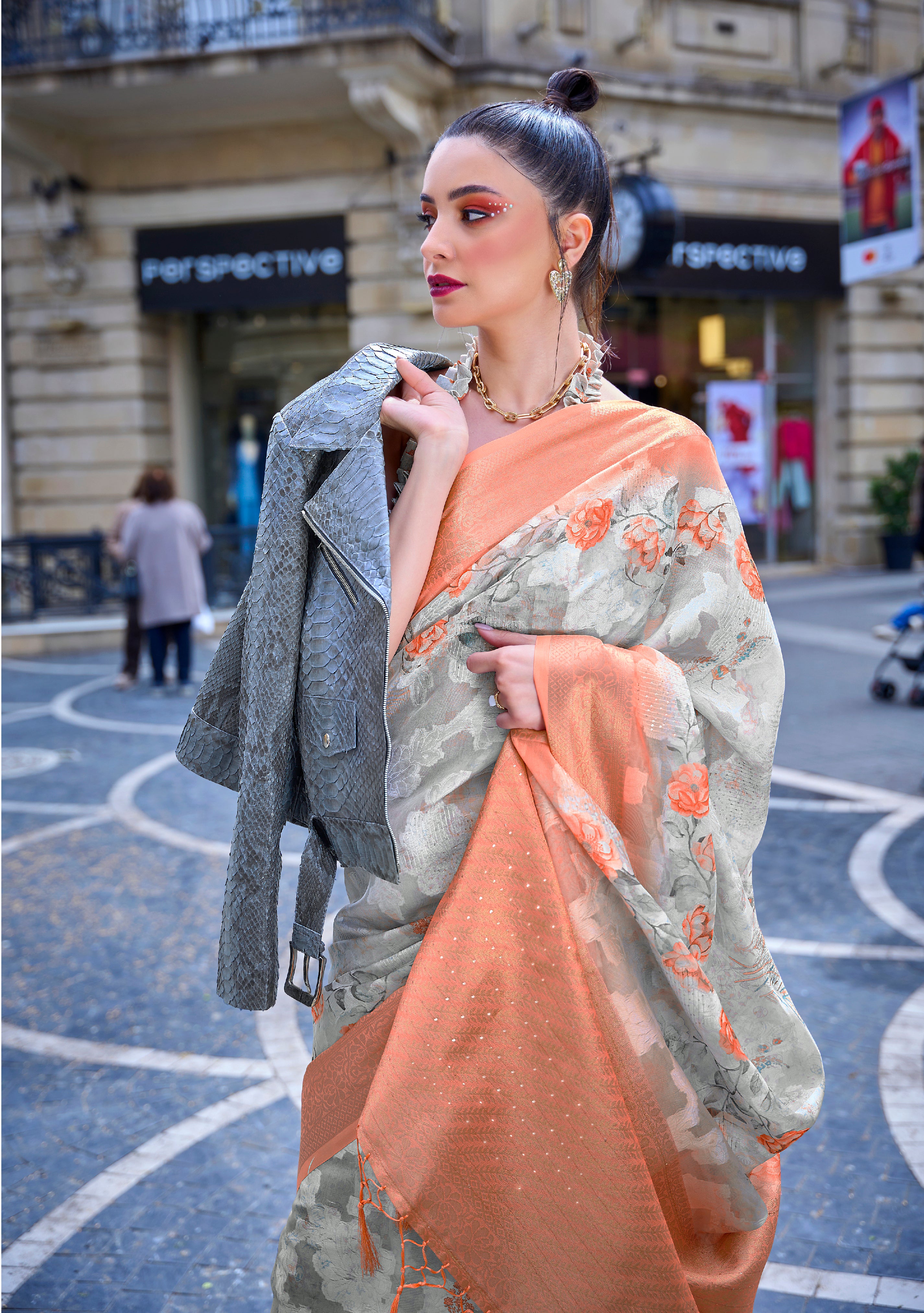 Amber Glow Light Orange Handloom Poly Brasso Saree