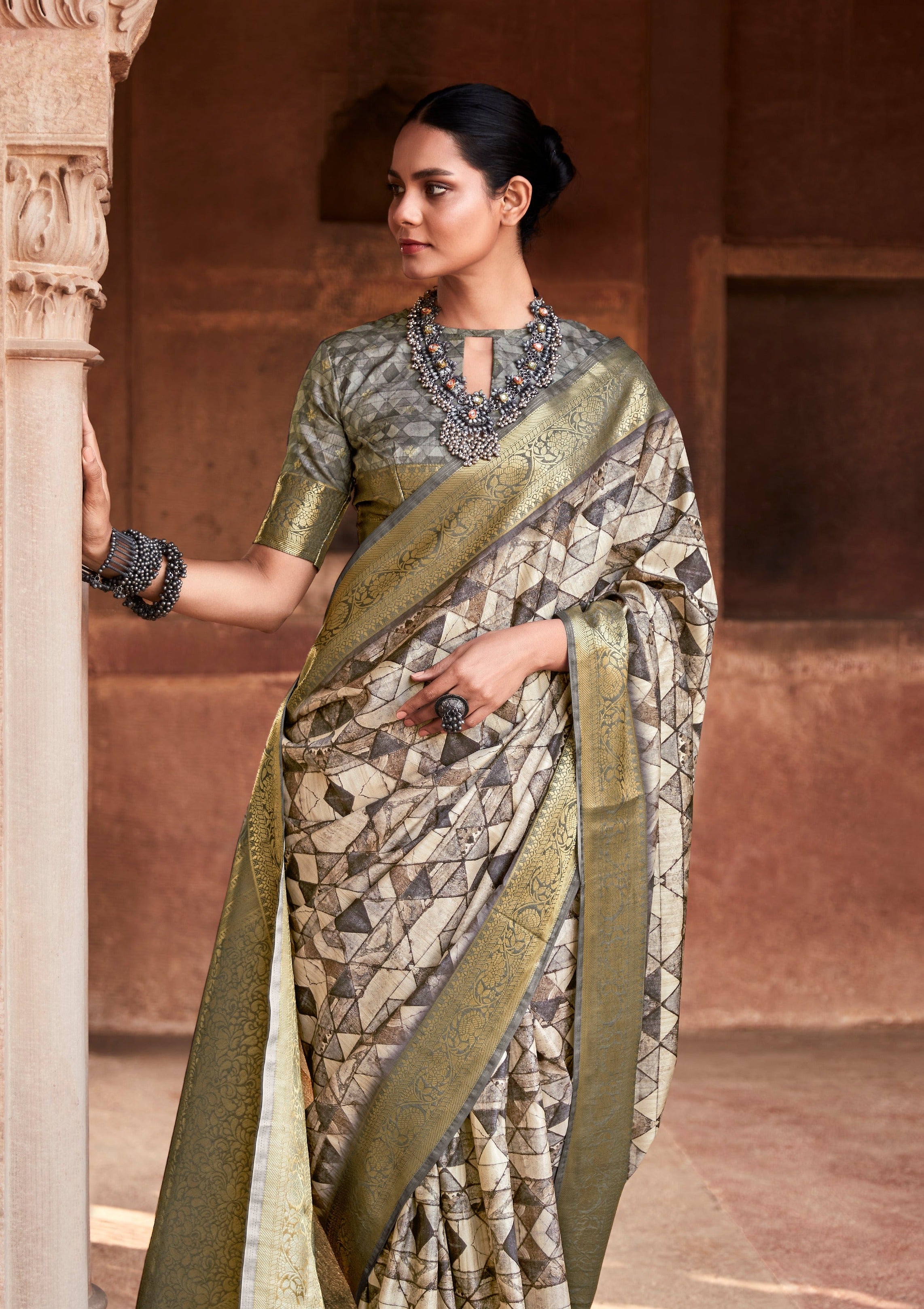 Opulent Ivory Cream & Slate Grey Handloom Banarasi Silk Saree