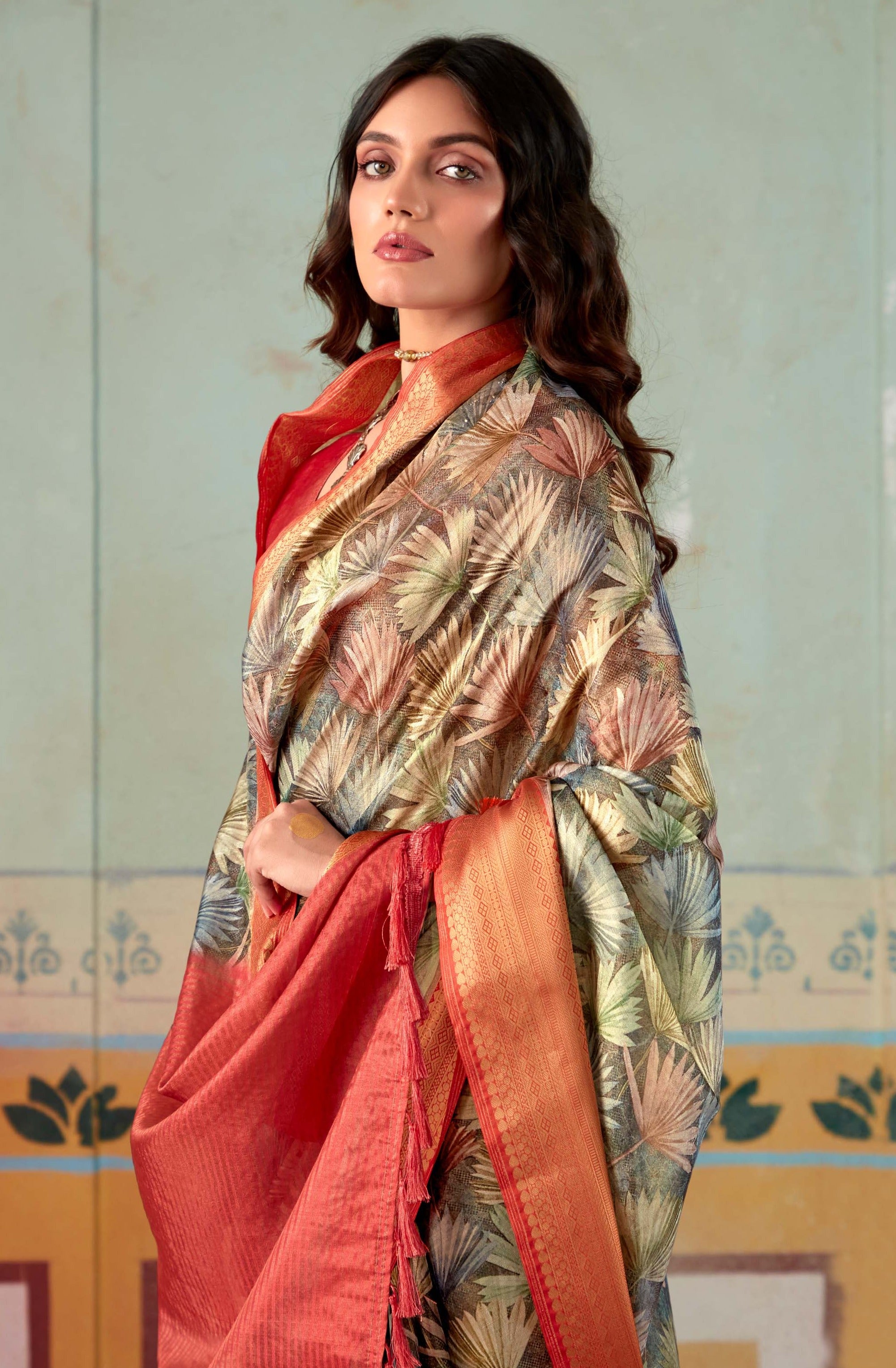 Shadow Green and Red Banarasi Tissue Silk Saree