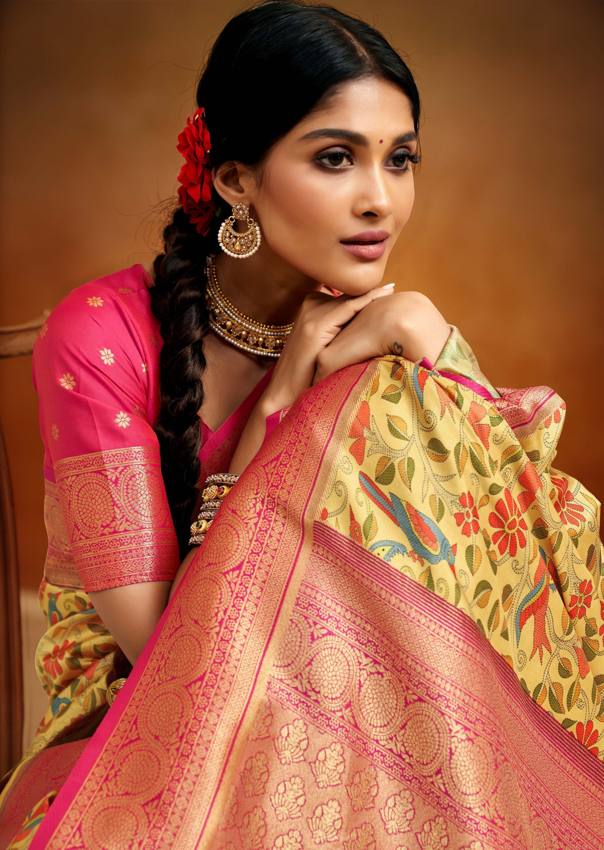 Dual Tone Yellow and Pink Woven Banarasi Kalamkari Silk Saree