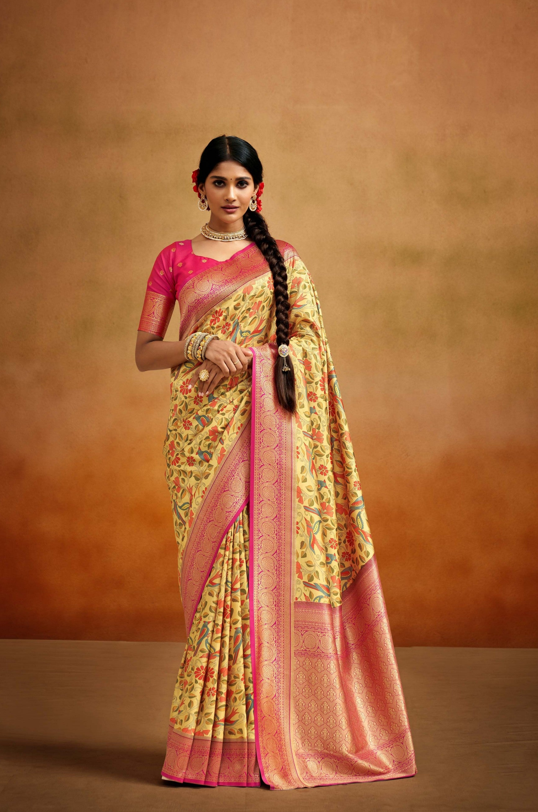 Dual Tone Yellow and Pink Woven Banarasi Kalamkari Silk Saree