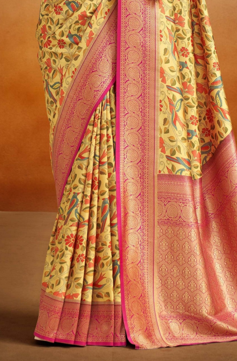 Dual Tone Yellow and Pink Woven Banarasi Kalamkari Silk Saree