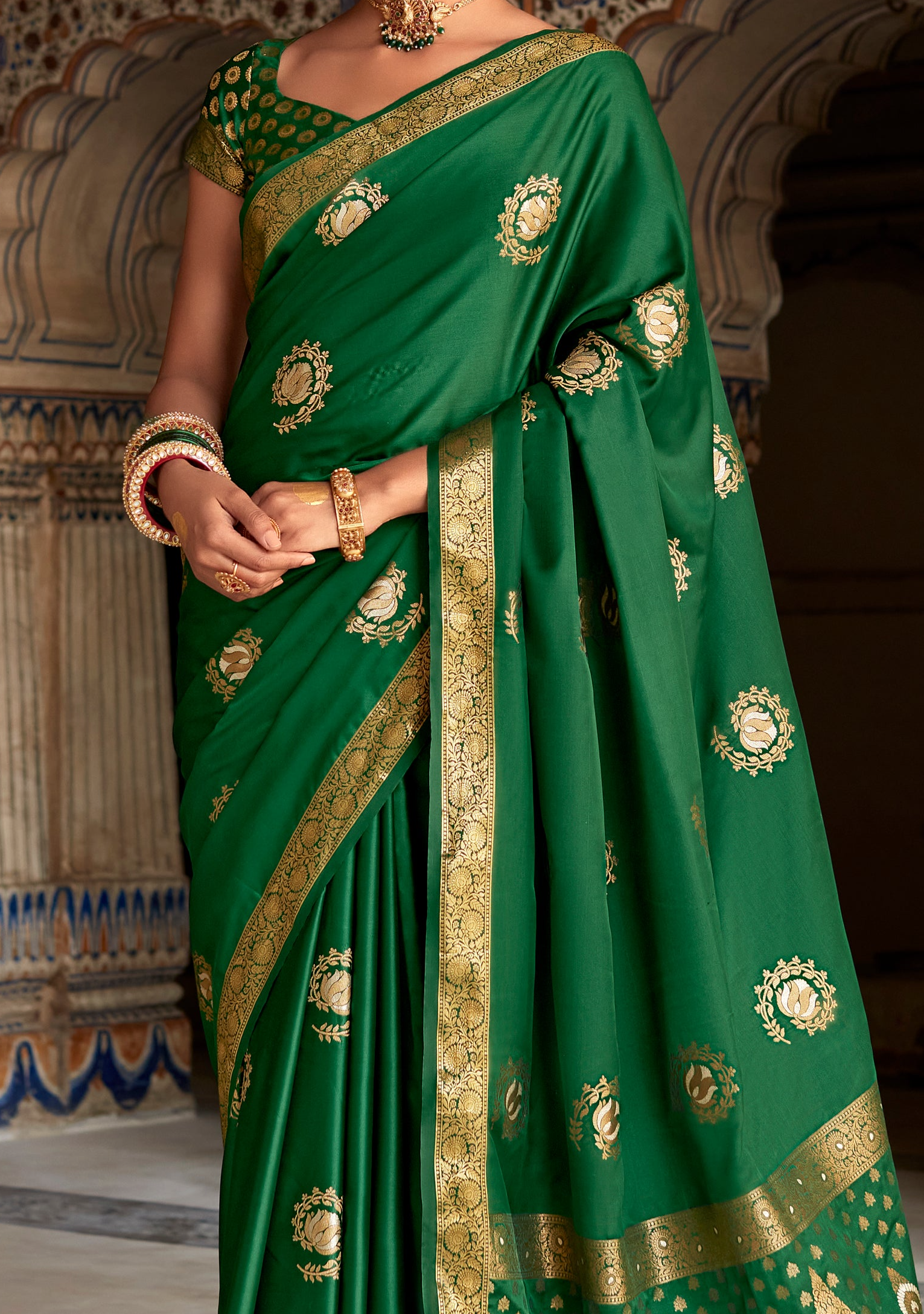 Emerald Green Woven Banarasi Satin Silk Saree