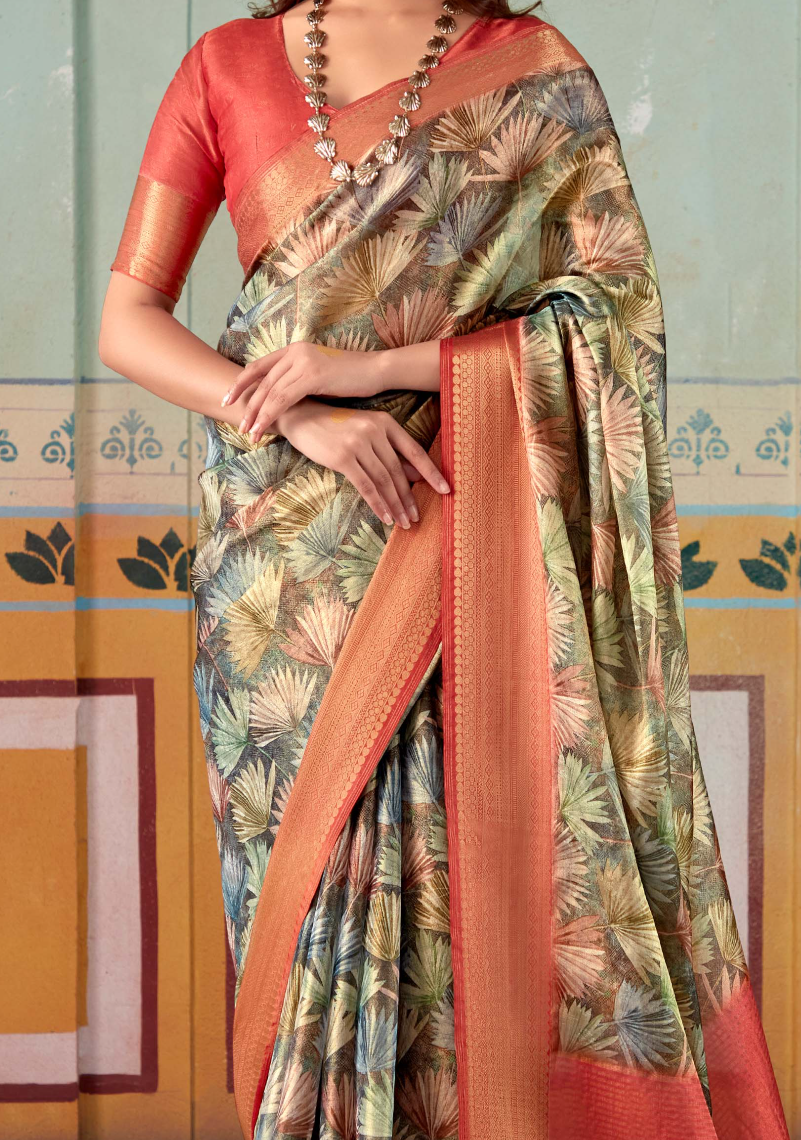 Shadow Green and Red Banarasi Tissue Silk Saree