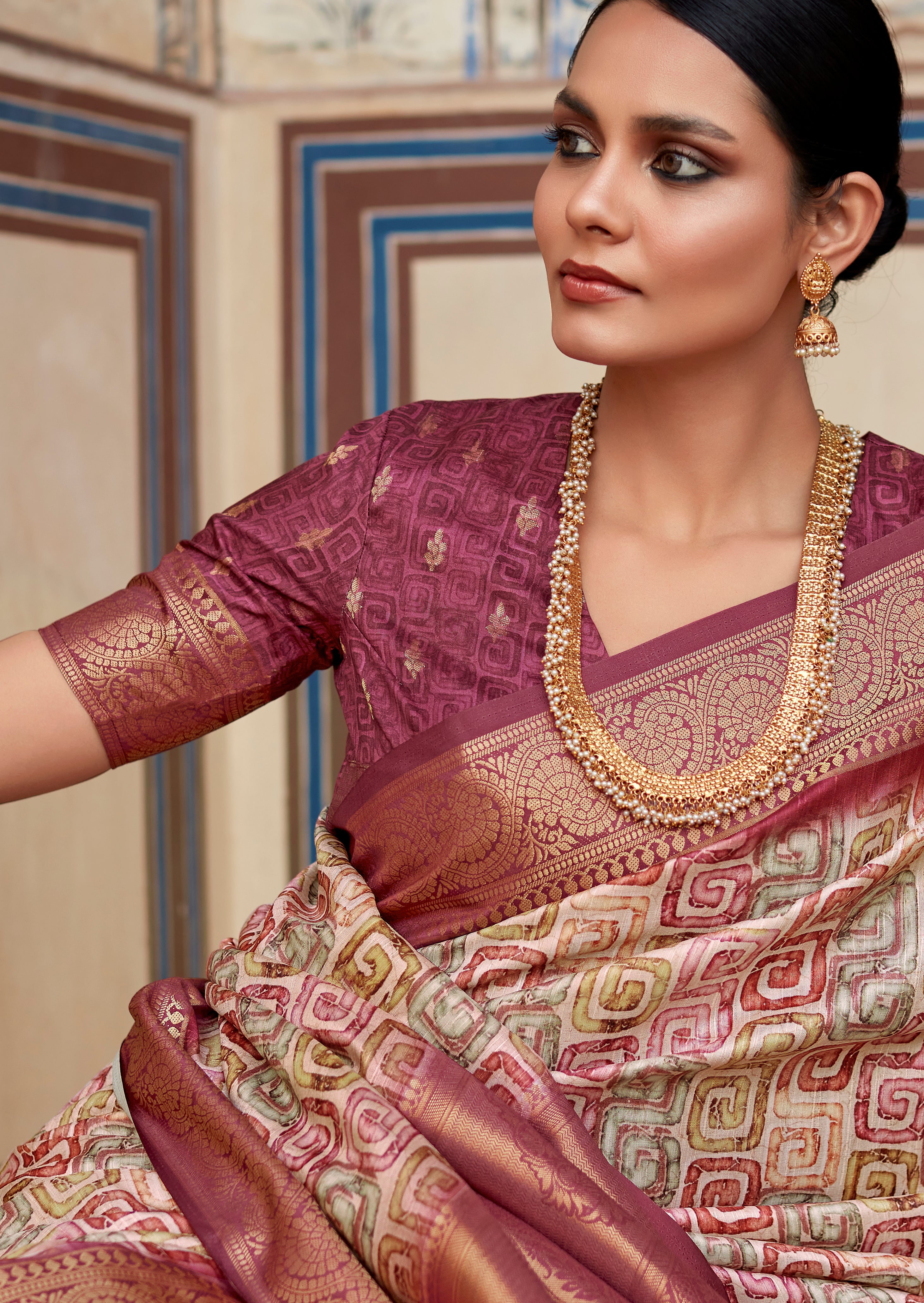 Fallow Brown Banarasi Printed Silk Saree