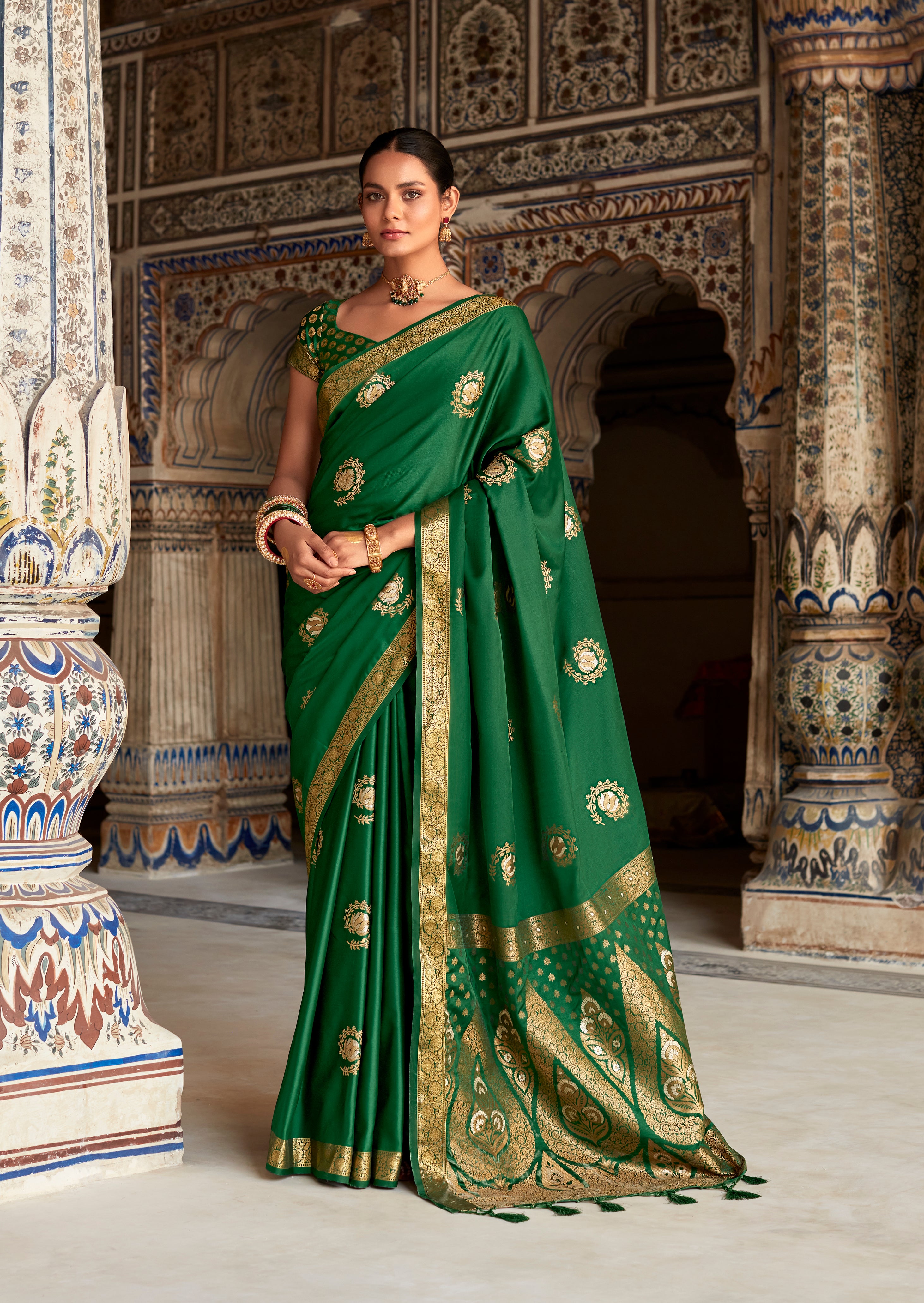 Emerald Green Woven Banarasi Satin Silk Saree