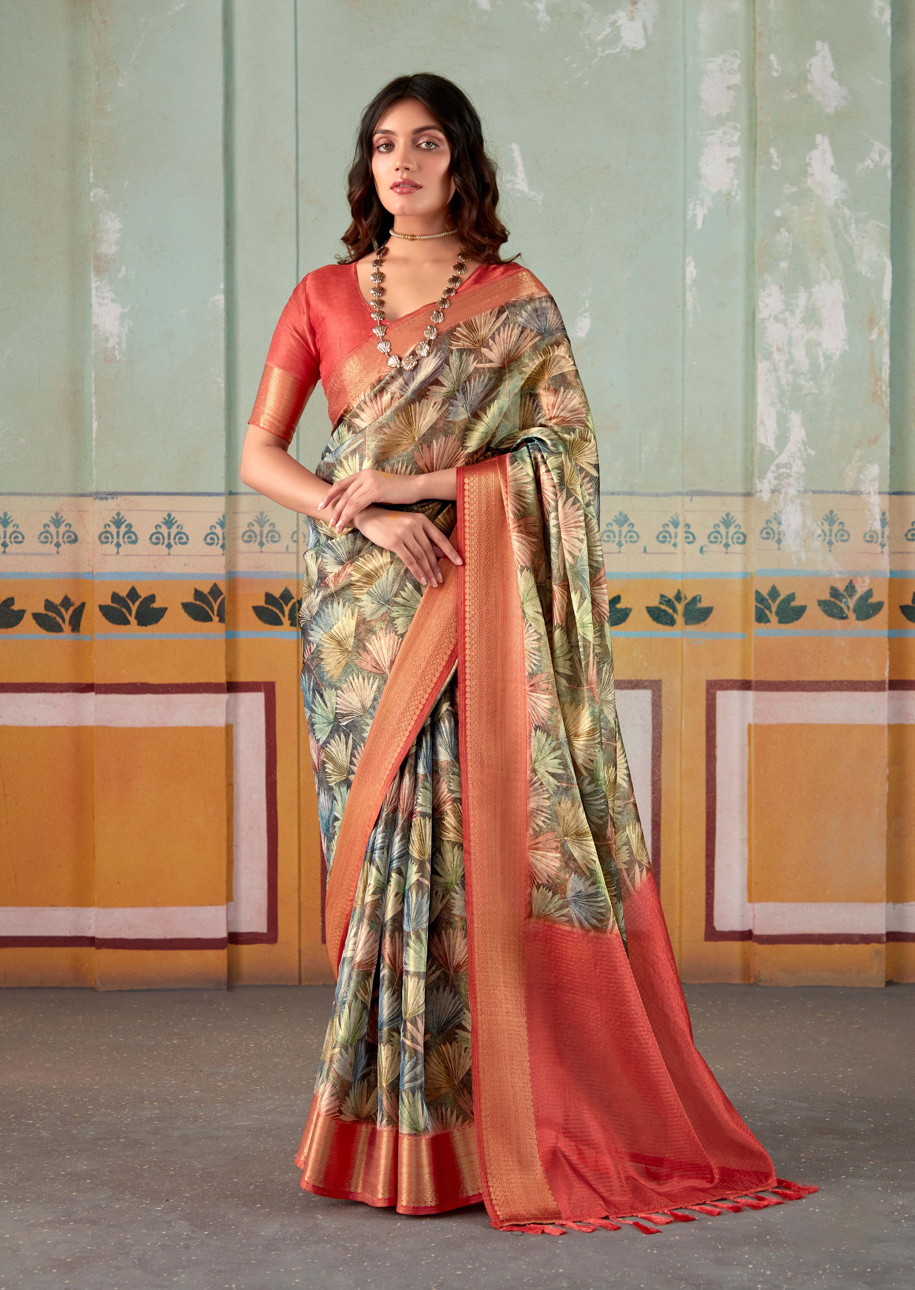 Shadow Green and Red Banarasi Tissue Silk Saree