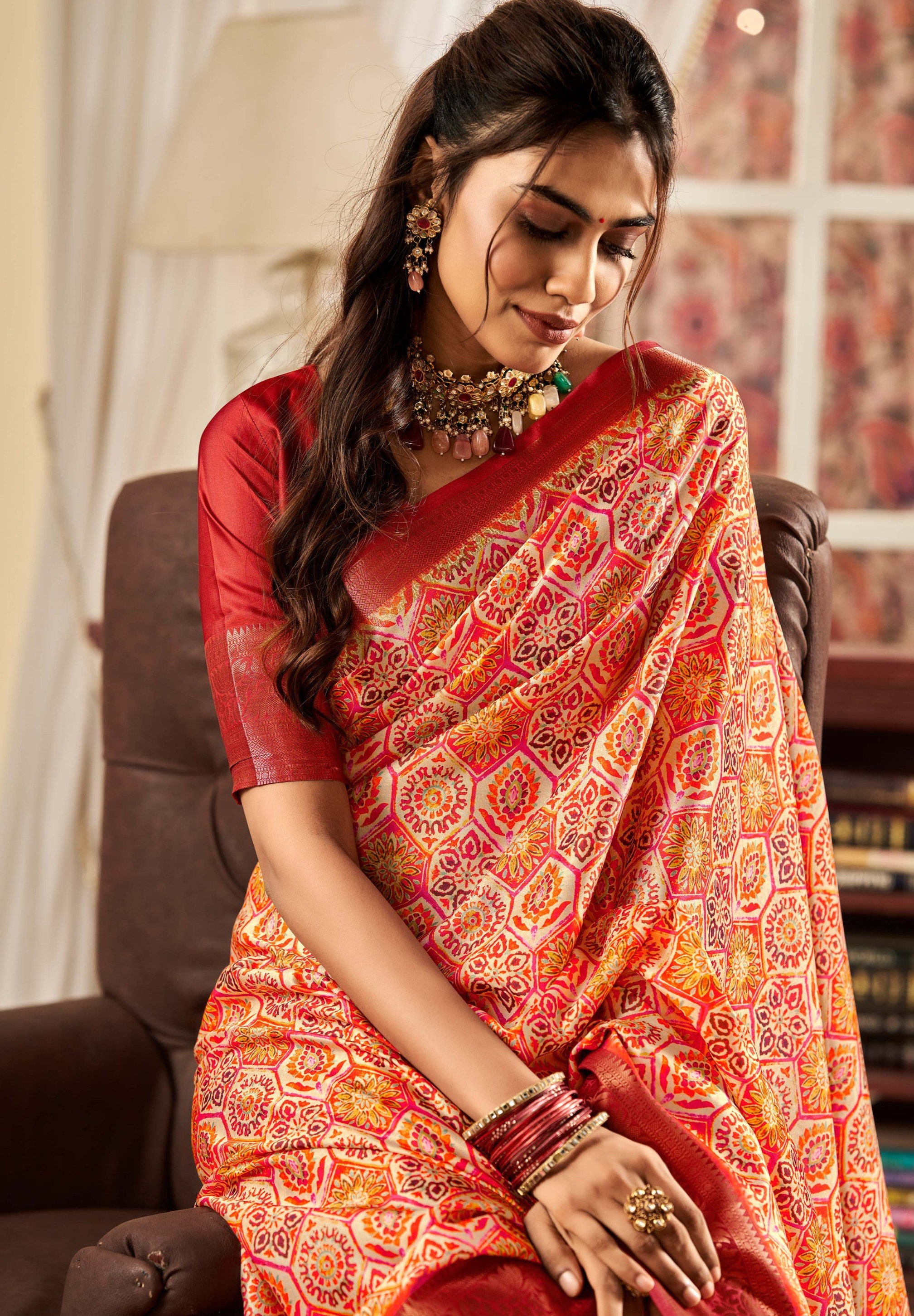 Orange Sunset Dreams Digital Printed Satin Silk Saree