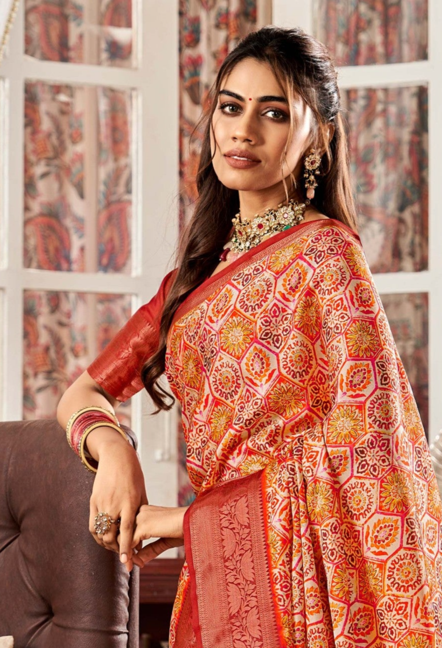 Orange Sunset Dreams Digital Printed Satin Silk Saree