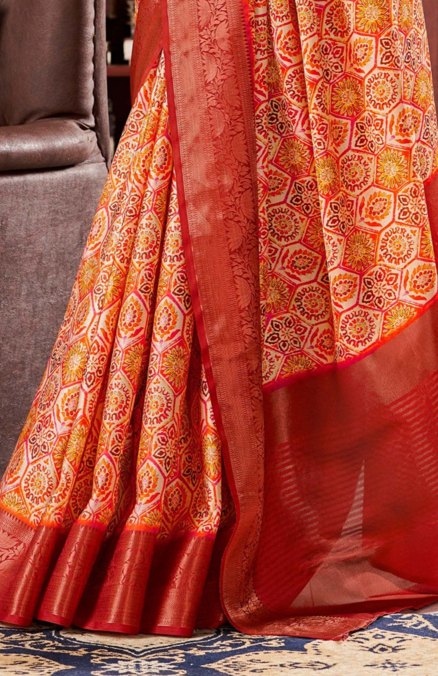 Orange Sunset Dreams Digital Printed Satin Silk Saree