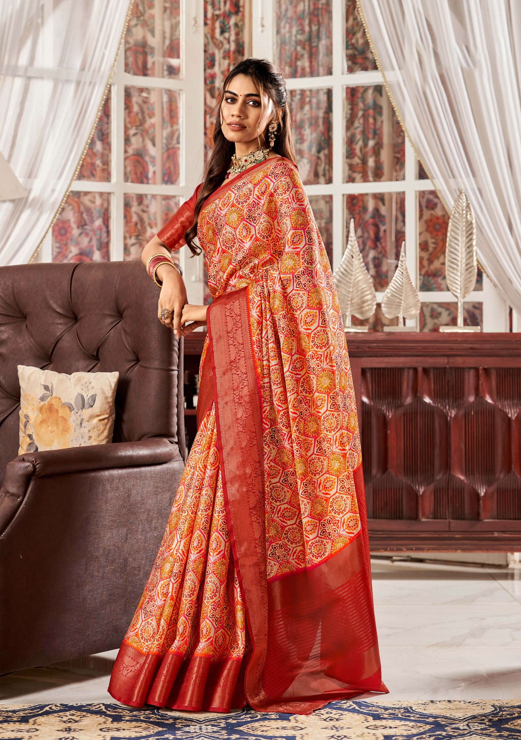 Orange Sunset Dreams Digital Printed Satin Silk Saree