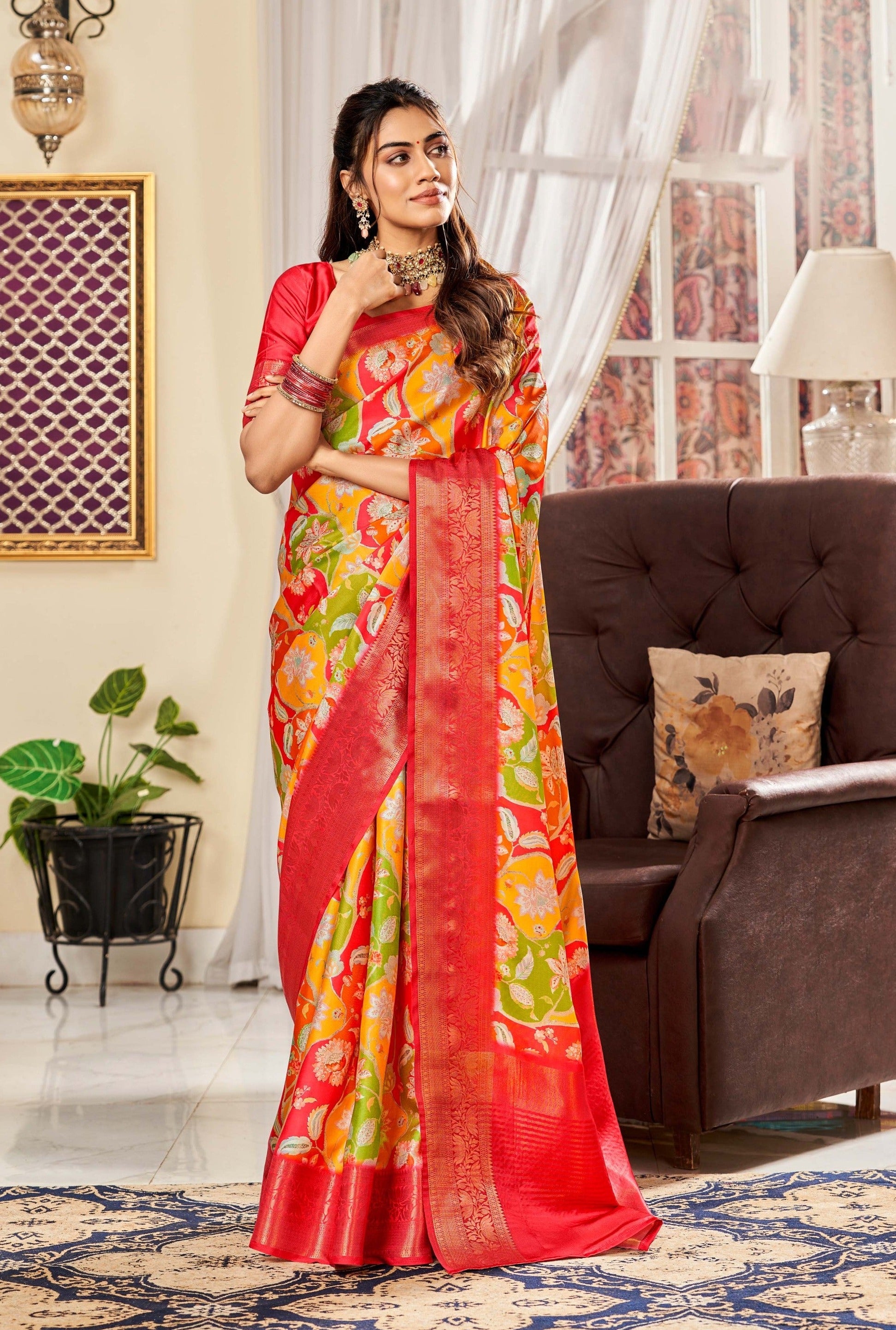 Mustard Yellow and Red Digital Printed Satin Silk Saree