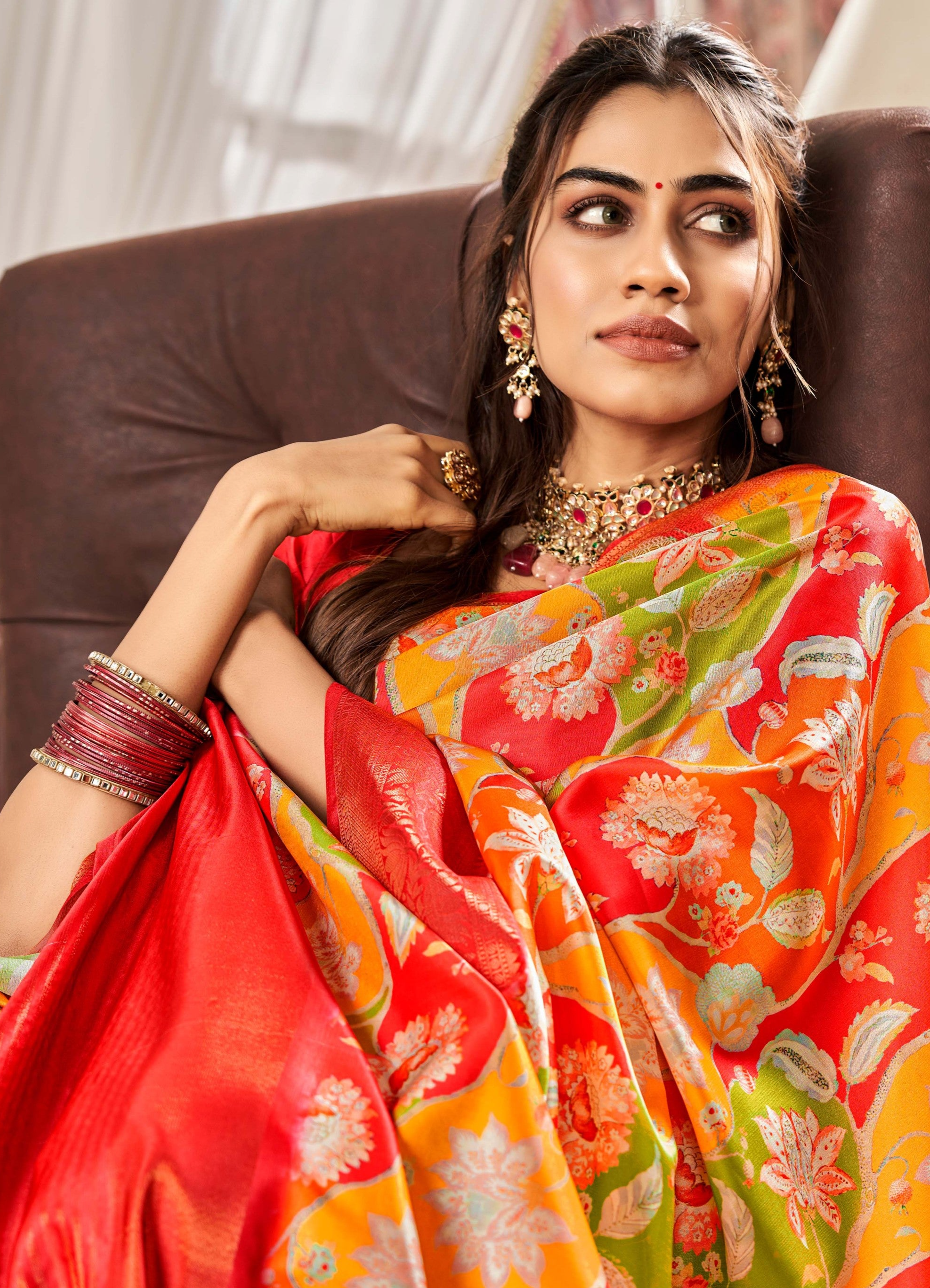 Mustard Yellow and Red Digital Printed Satin Silk Saree