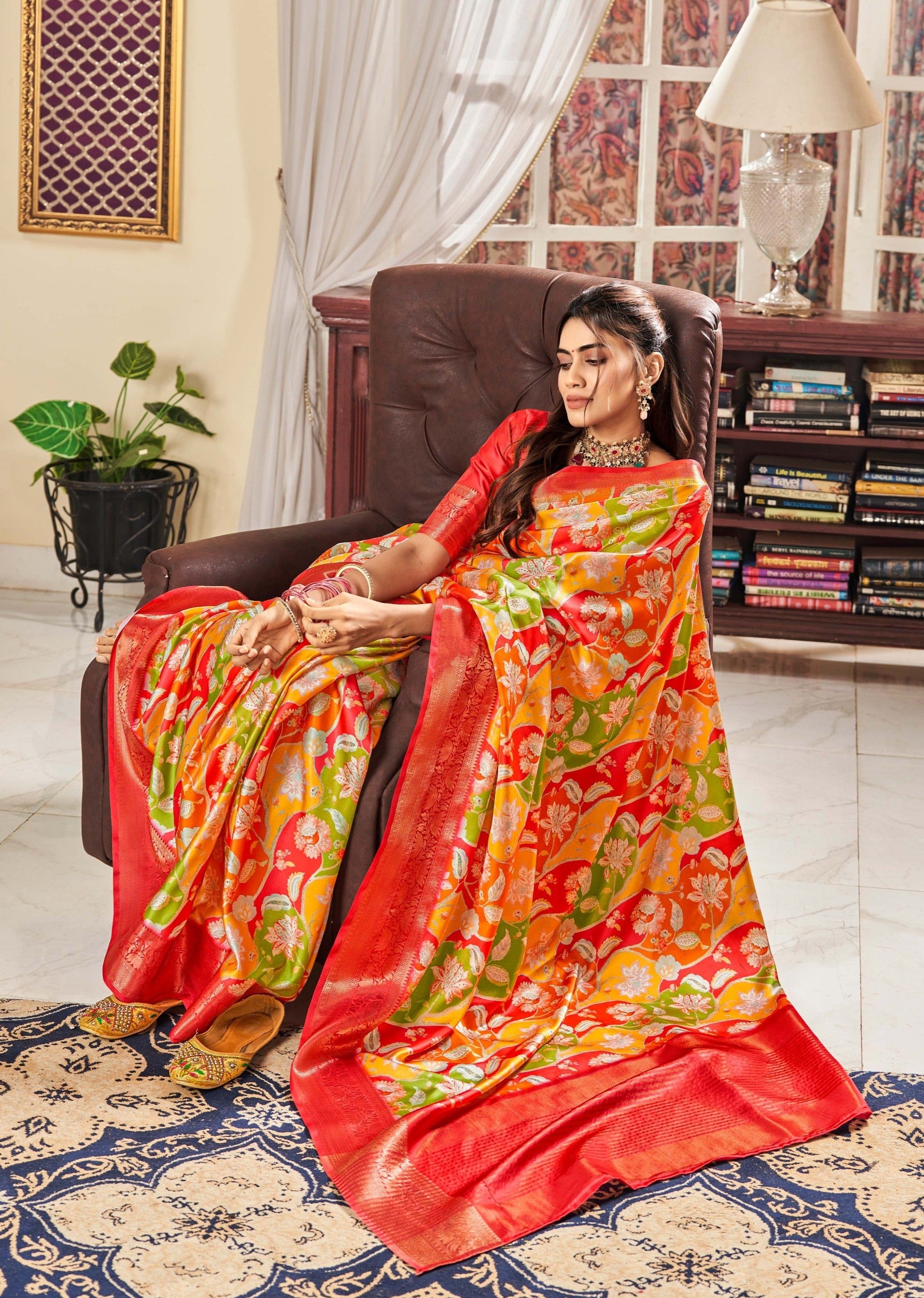 Mustard Yellow and Red Digital Printed Satin Silk Saree