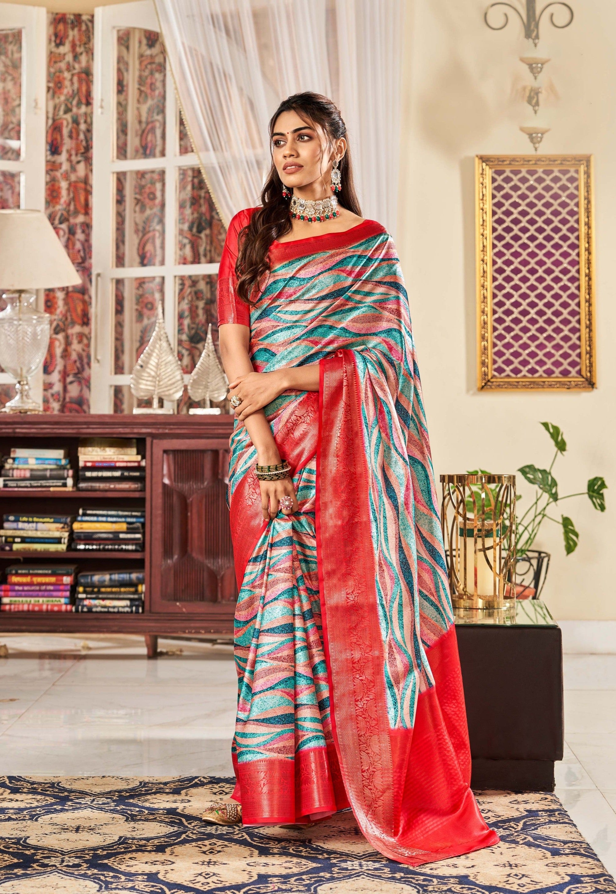 Aqua Blue and Red Radiance Digital Printed Satin Silk Saree