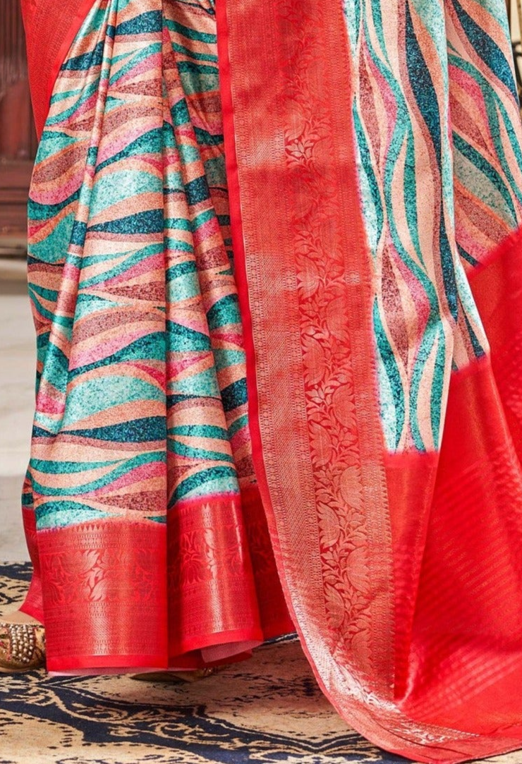 Aqua Blue and Red Radiance Digital Printed Satin Silk Saree