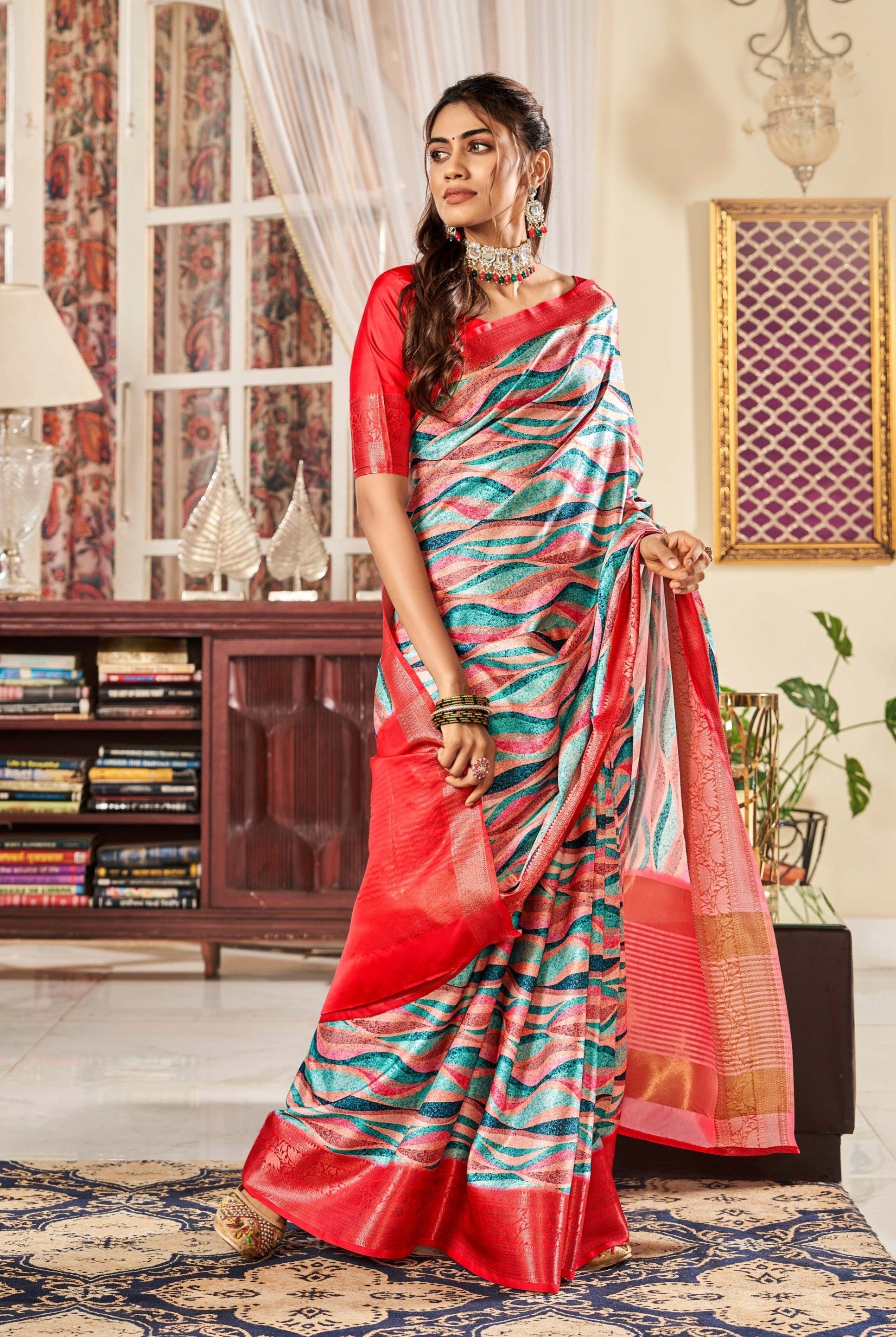 Aqua Blue and Red Radiance Digital Printed Satin Silk Saree