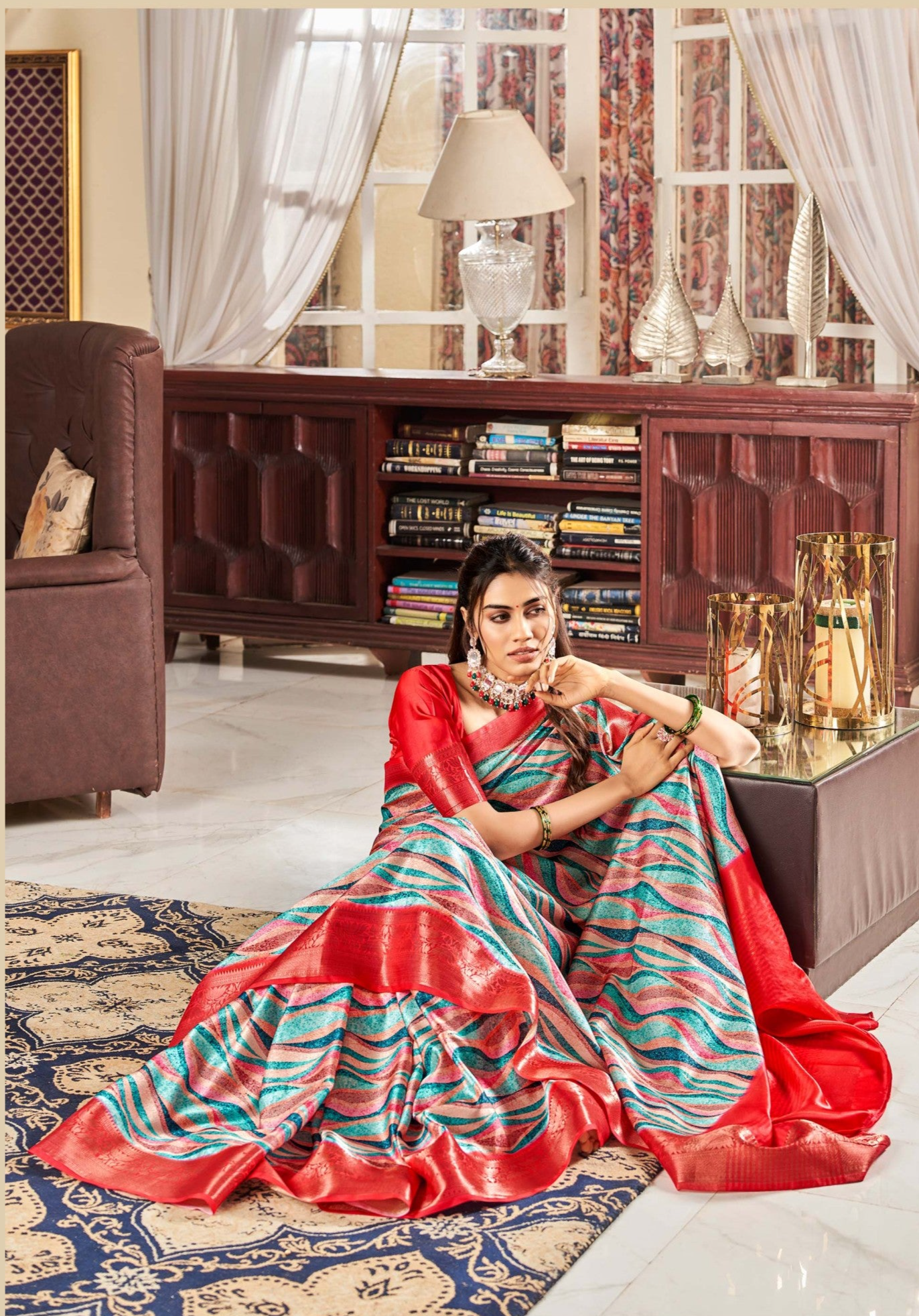 Aqua Blue and Red Radiance Digital Printed Satin Silk Saree