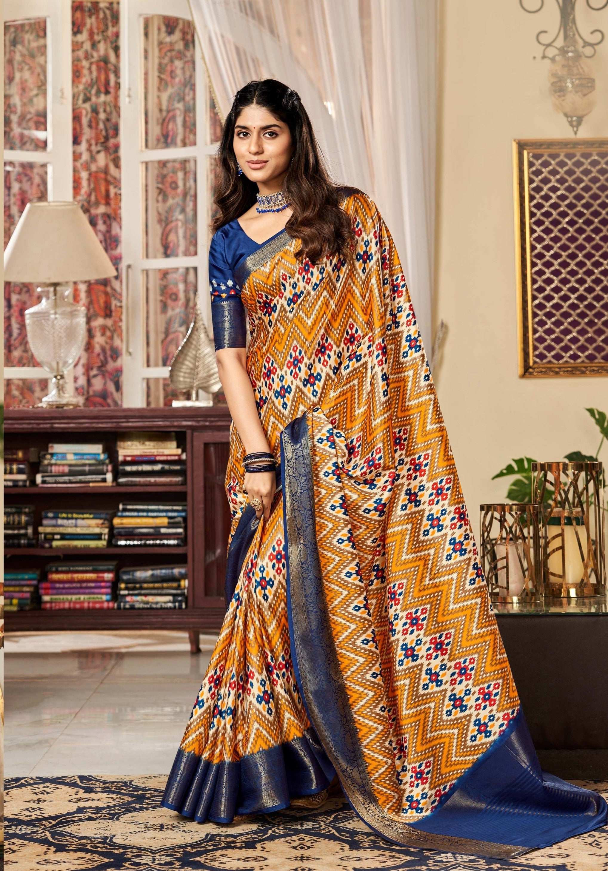 Tacha Yellow and Blue Digital Printed Satin Silk Saree