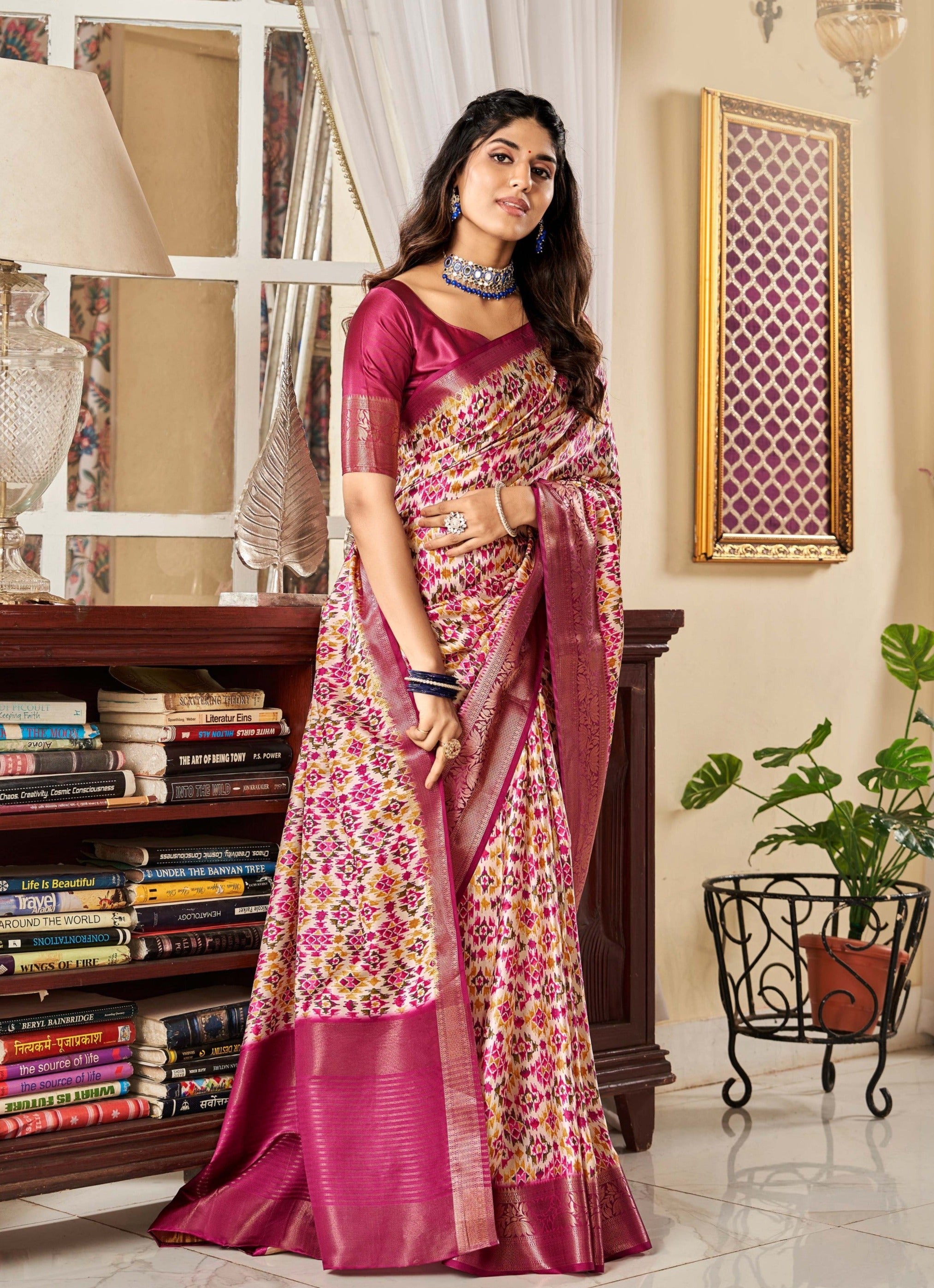 Royal Pink Digital Printed Satin Silk Saree