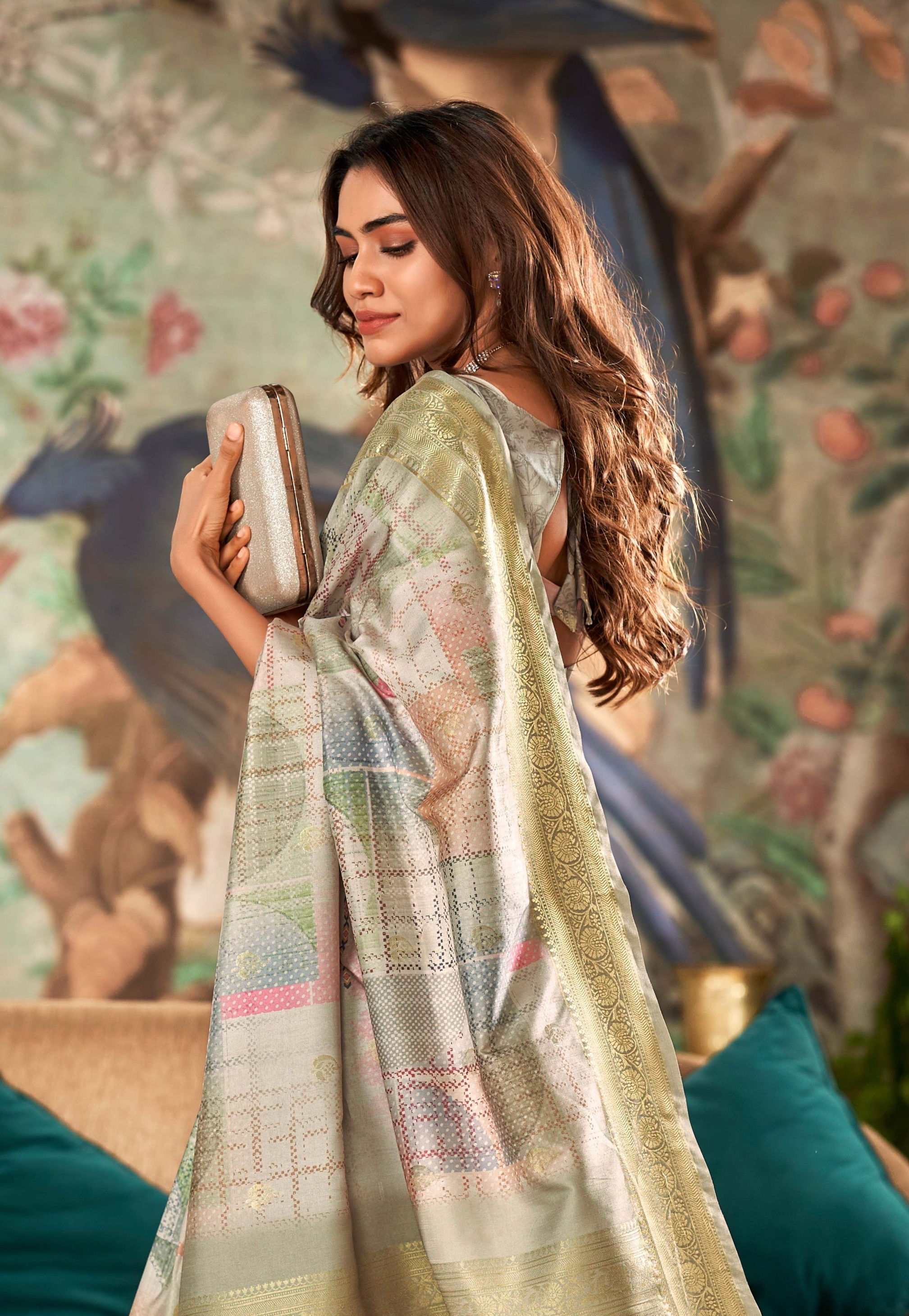 Celadon Green Digital Printed Soft Silk Saree