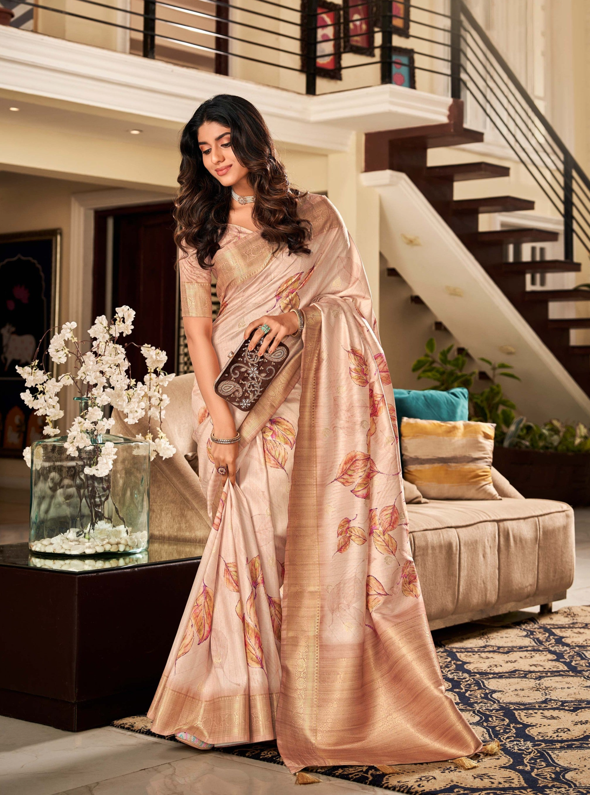 Parchment Beige Digital Printed Soft Silk Saree